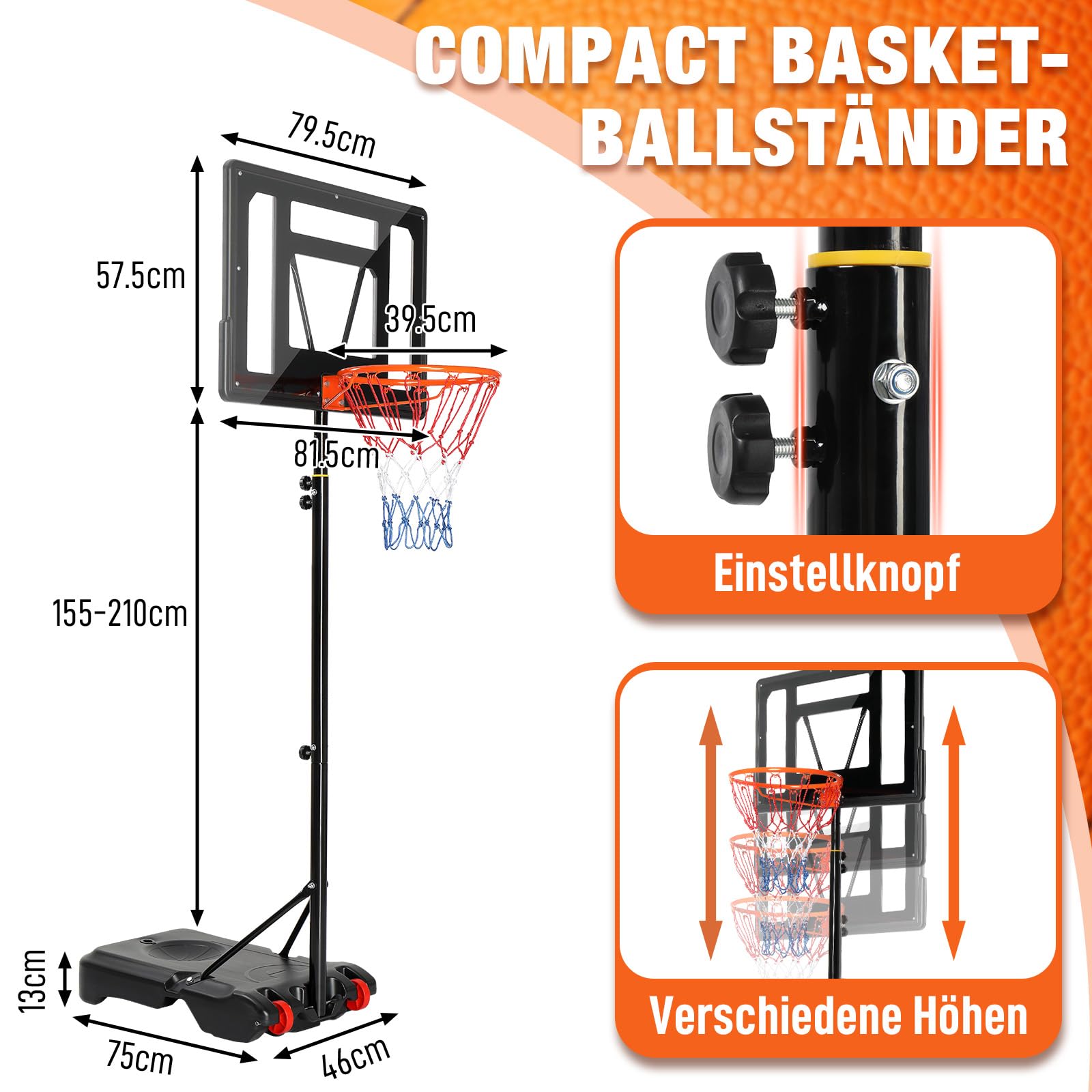 LEADZM Basketballkorb Outdoor mit Ständer & Rollen, 2 Netze, Höhenverstellbarer von 155-210 cm,Tragbarer Basketballkorb Indoor/Outside, Geeignet für Erwachsene & Kinder (Schwarz)