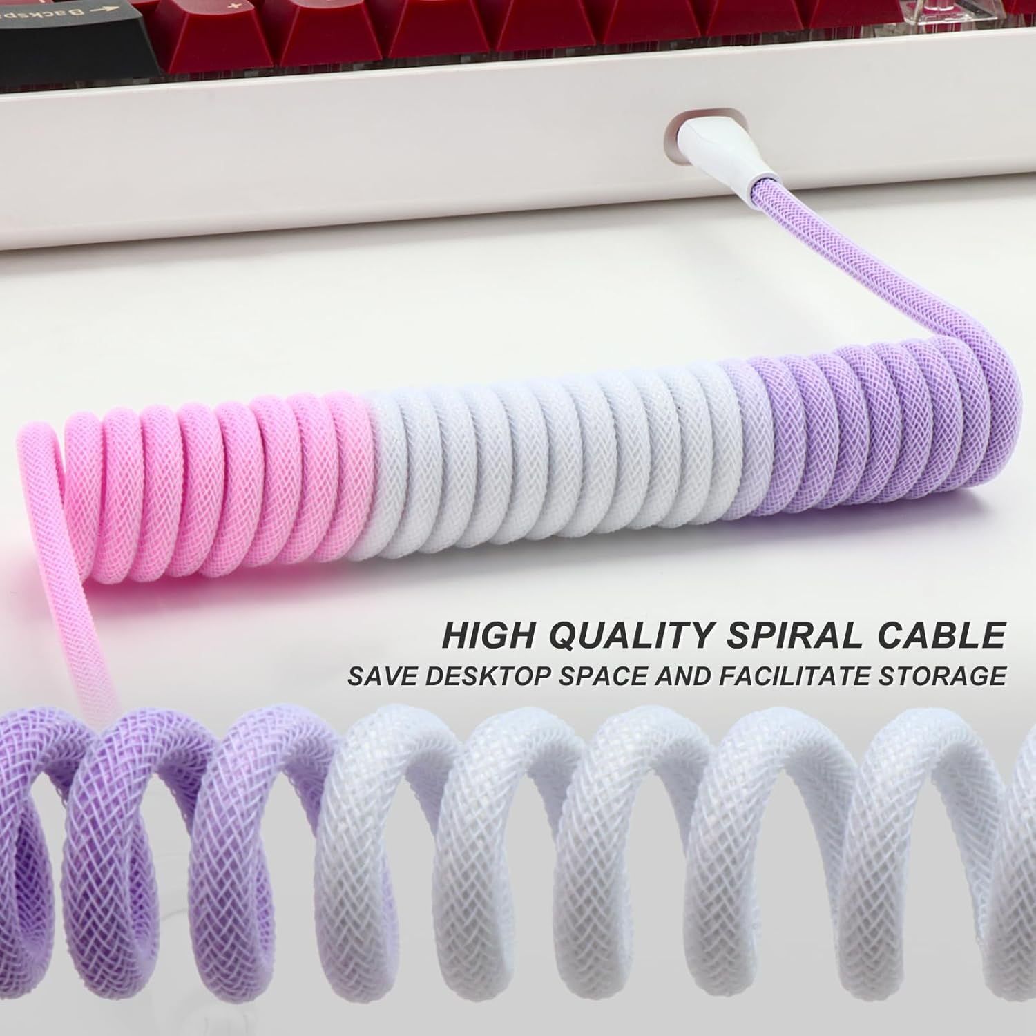 YIMAGUJRX Keyboard Coiled Cable,Custom Coiled Type-C to USB A Cable,Double-Sleeved Wire with 2 Generation Metal Aviator Connector for Mechanical Gaming Keyboard (White-Pink Mix)