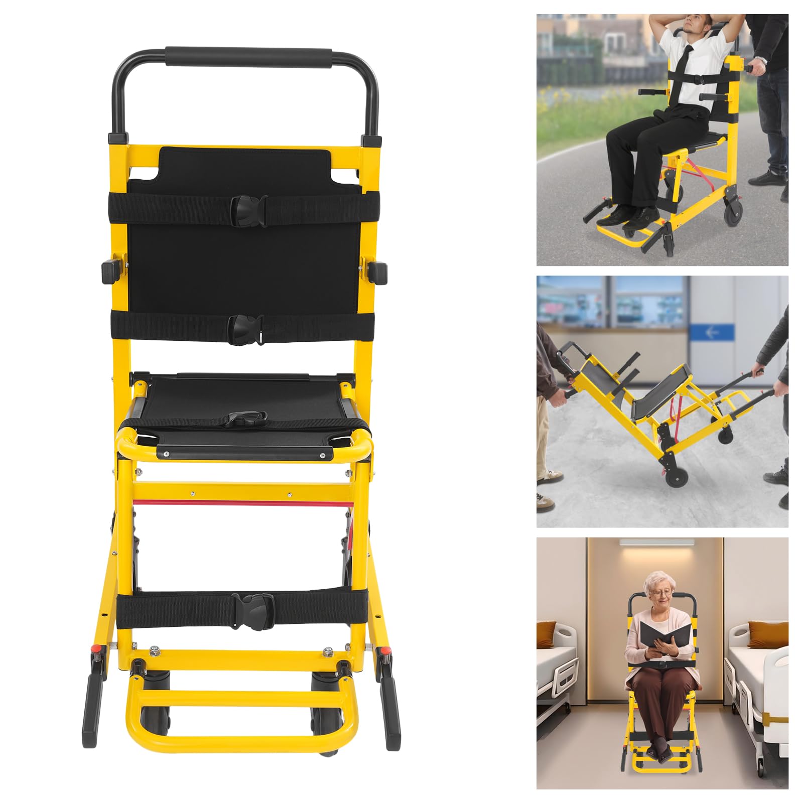 EMS Silla de escalera de aleación de aluminio, silla plegable de 350 libras, silla de evacuación multiusos de 2-4 ruedas para bomberos, silla de escalera manual para personas mayores, discapacitados