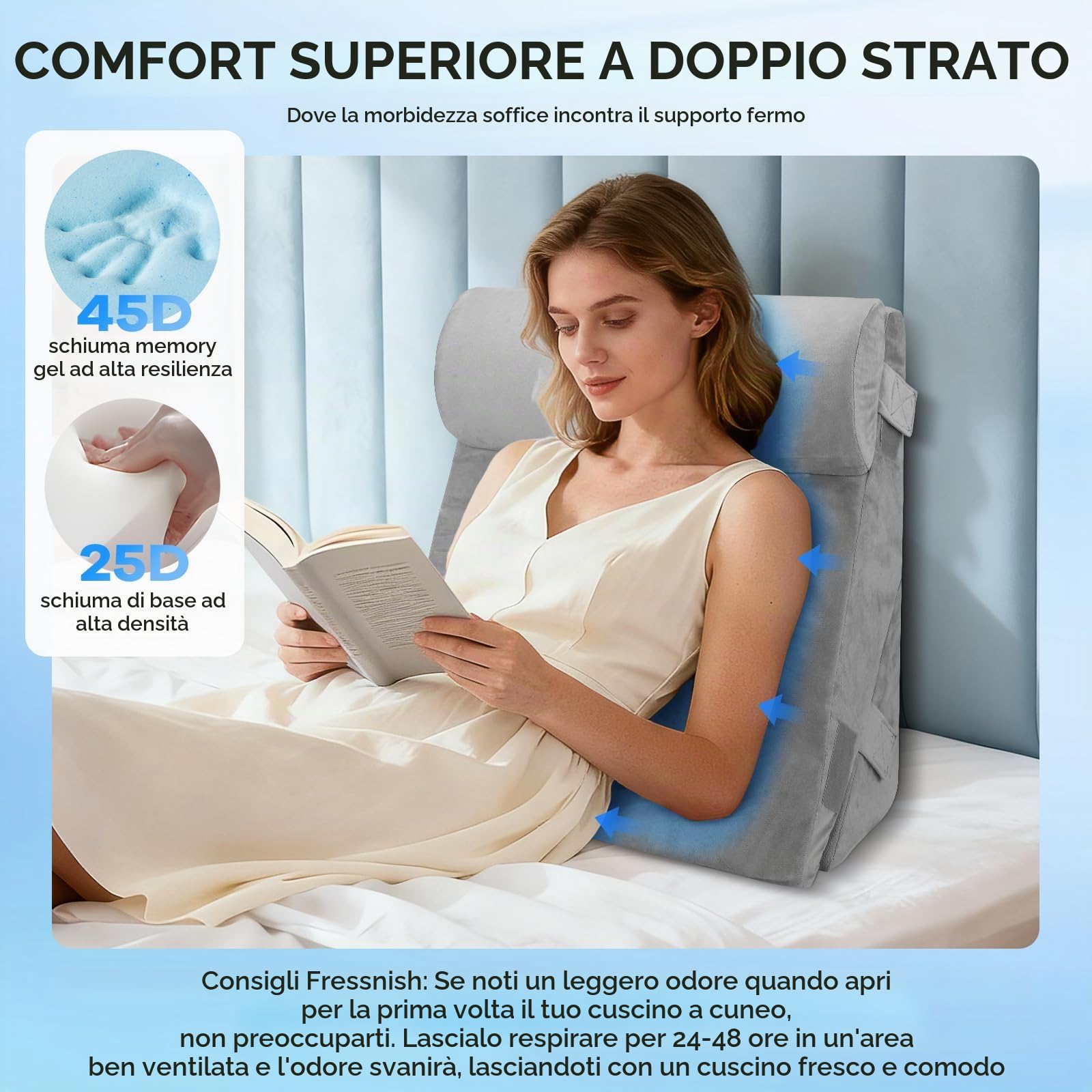 Cuscino a cuneo per letto e divano, cuscino da lettura a doppio strato in memory foam, cuscino a cuneo regolabile, cuscino ergonomico per gambe, cuscino per la schiena per giocare, leggere (grigio