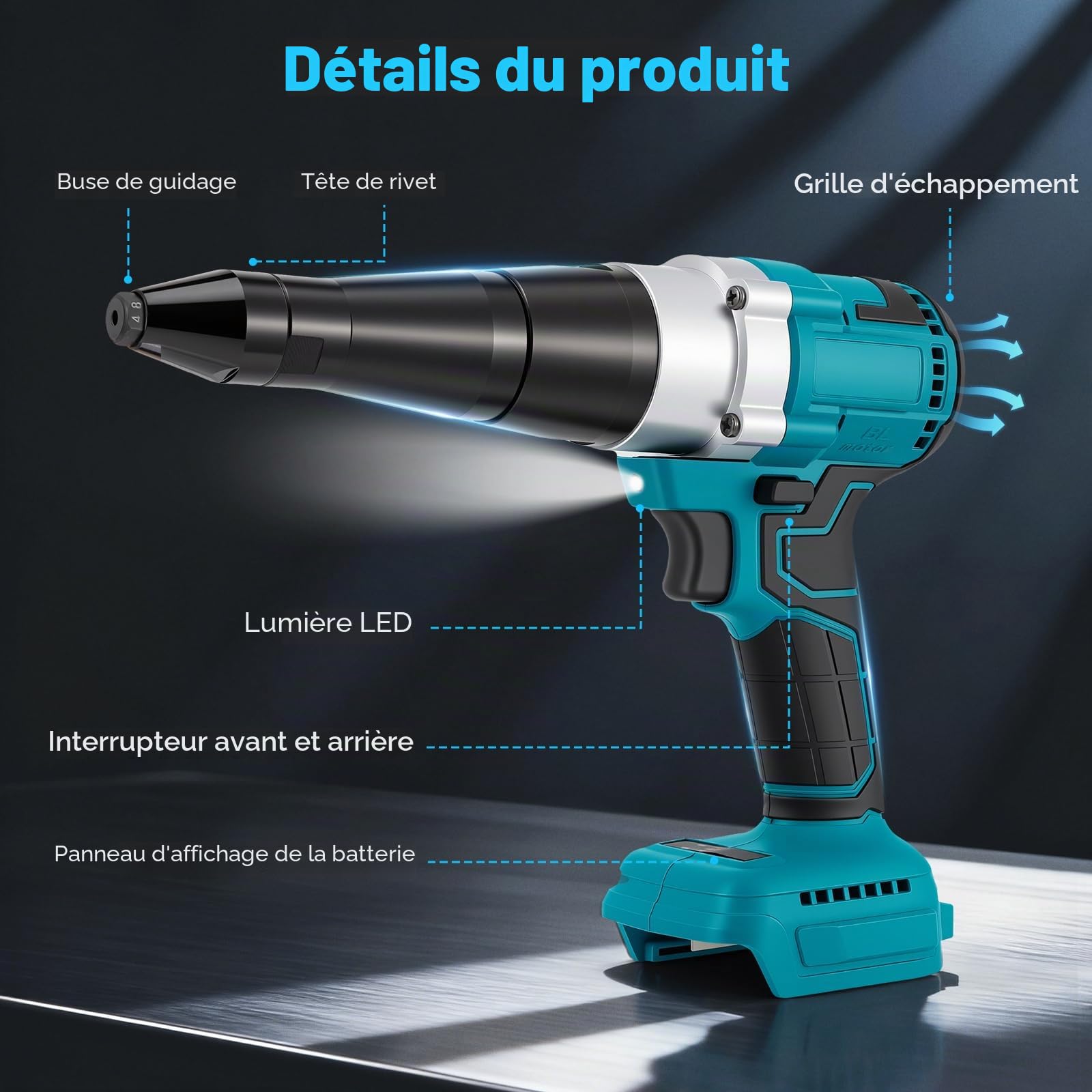Pistolet à Rivets 18V Sans Fil, Moteur Brushless, Compatible avec les Batteries Makita 18V Série BL (Batterie Non Incluse), avec 3 Buses pour Rivets Alu & Inox 2,4-5,0mm