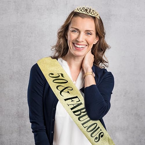 Miniatura 5 de Corona de cumpleaños número 50 + banda de cumpleaños de 50 años + pin de perlas doradas para cumpleaños 50, regalos de cumpleaños 50 para mujeres,