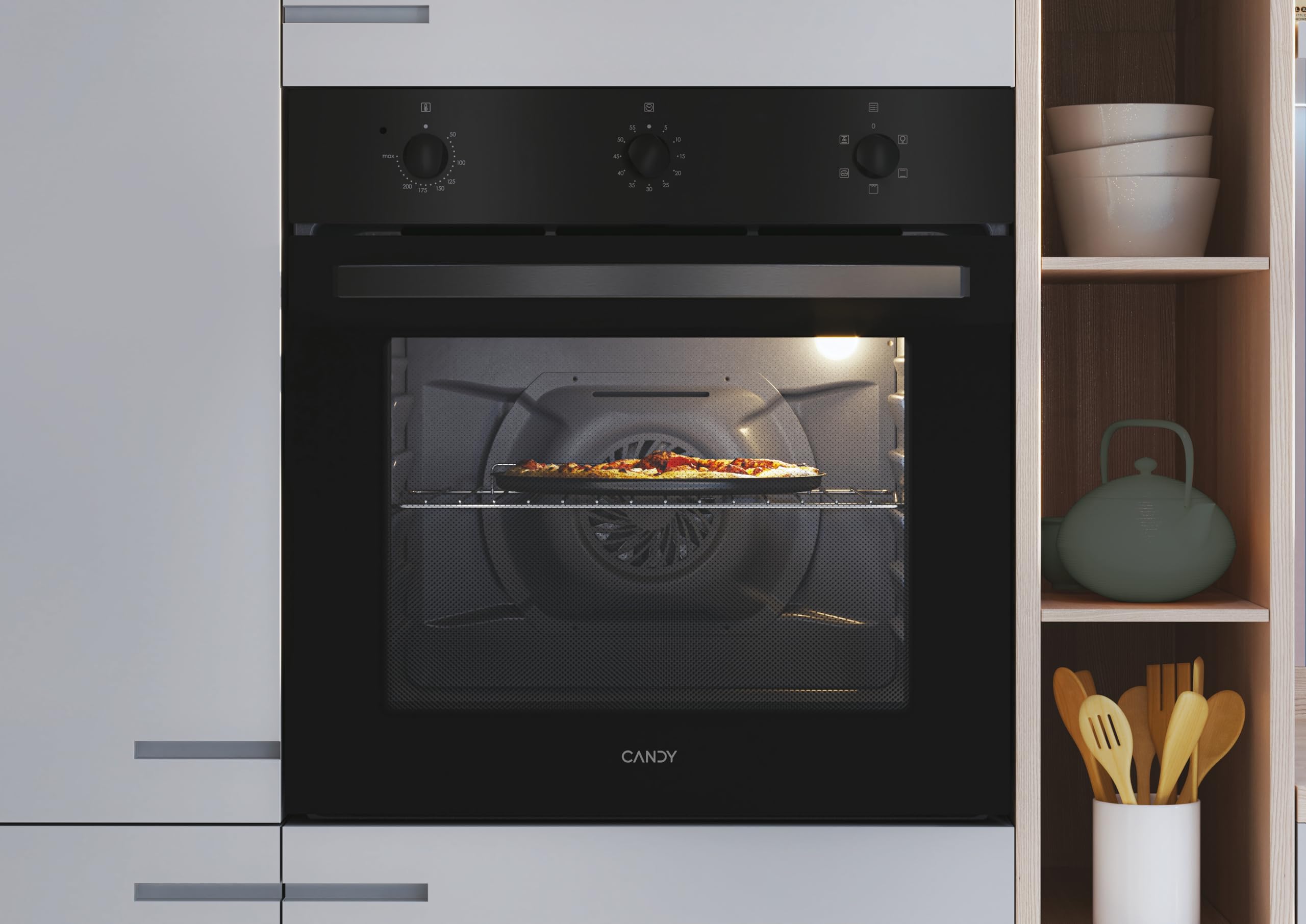 Candy Idea Forno da Incasso Elettrico Ventilato 65L, 5 Funzioni, Classe A, Cavità Sagomata, 59,5x59,5x56,8 cm (AxLxP), Nero, FIDC N502IT