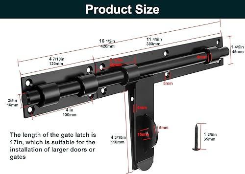 Miniatura 5 de Pestillo de puerta de perno deslizante de 17 pulgadas, grueso para puertas grandes de maderametal, soldadura de montaje facial en el lado