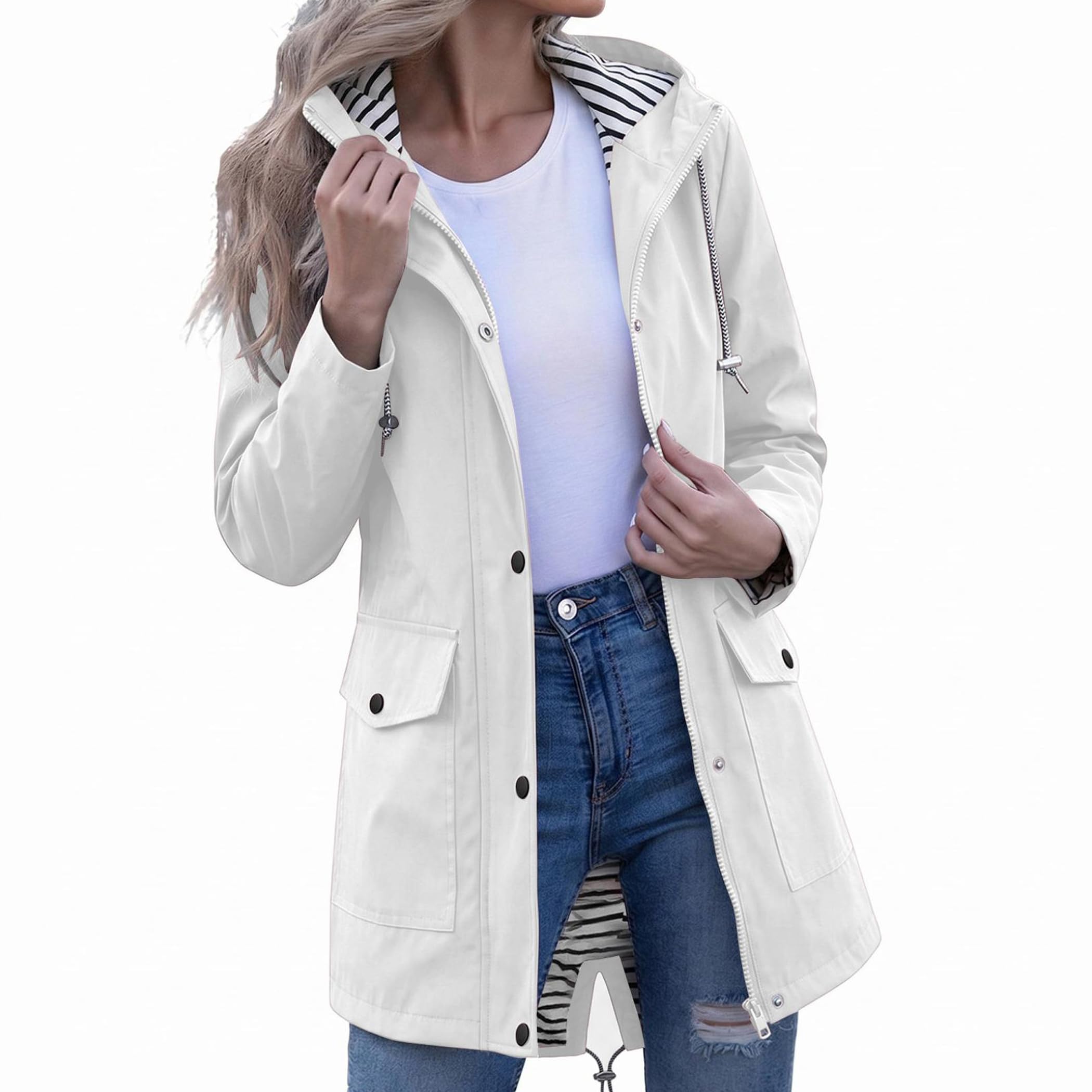 Veste Femme Imperméable Coupe-Vent Manches Longues Capuche Mi-Longue Poches