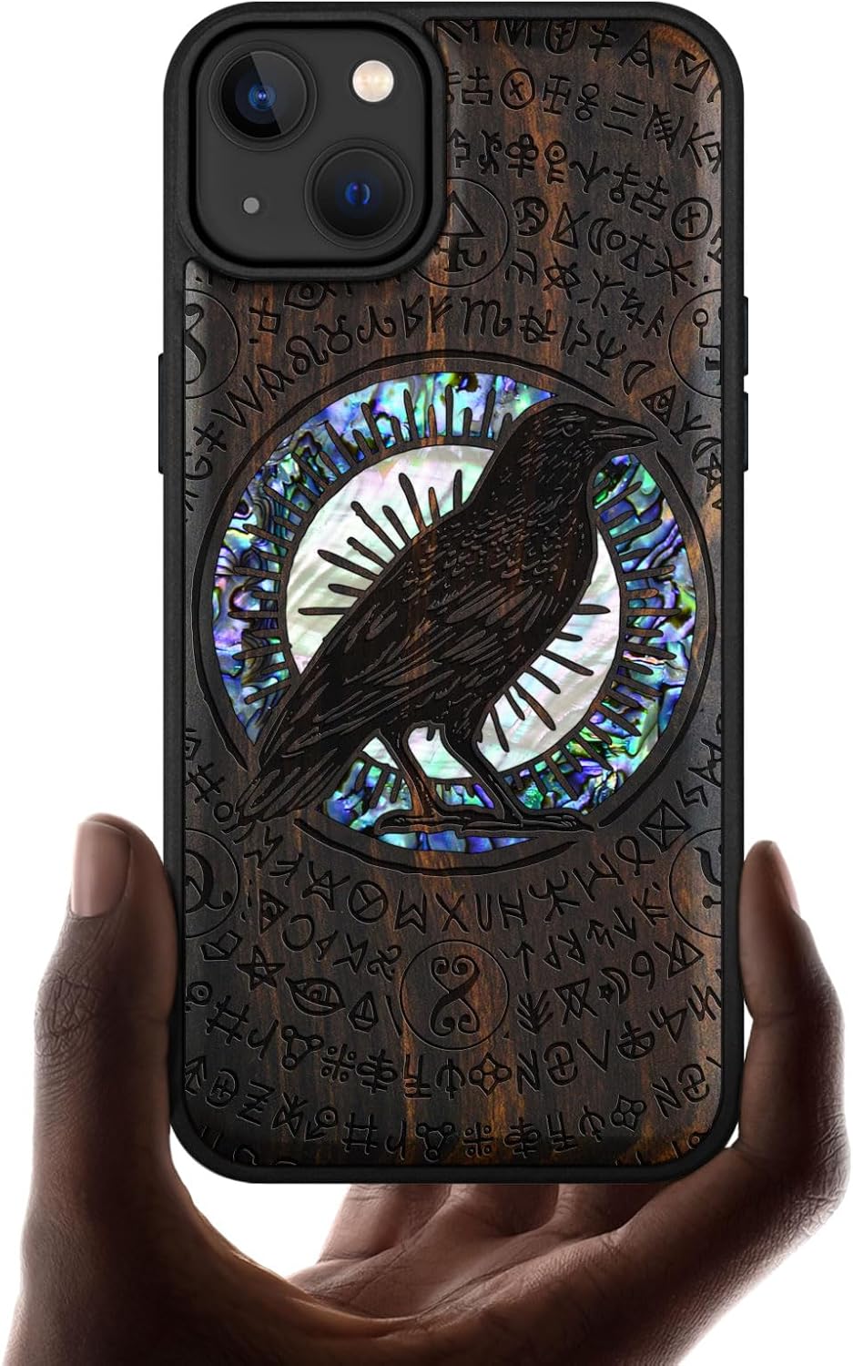 Carveit Wooden Case for iPhone 15 Plus Magnetic Case, Compatible with MagSafe Wireless Chargers, Shockproof Cover, Handmade Shell Inlaid & Wood Artisan Engraved (Thors Hammer) Blackwood