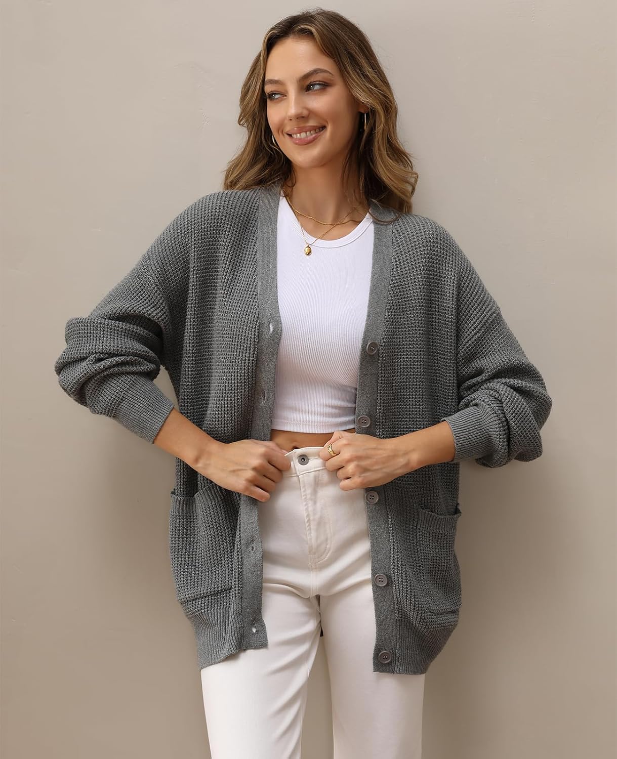 QUALFORT Women's 100% Cotton Cardigan Sweaters for Women Button Down Oversized Knit Outerwear with Pockets Fall Cardigan 2026 - Image 7