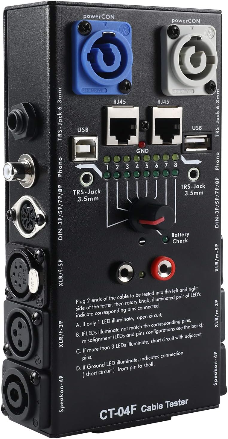 MFL. 13-Plug Audio Cable Tester Line Finder Black 13-in-1 Cables Checker 8-Way Switch Wire Tracker with LED Indicators, Rectangular