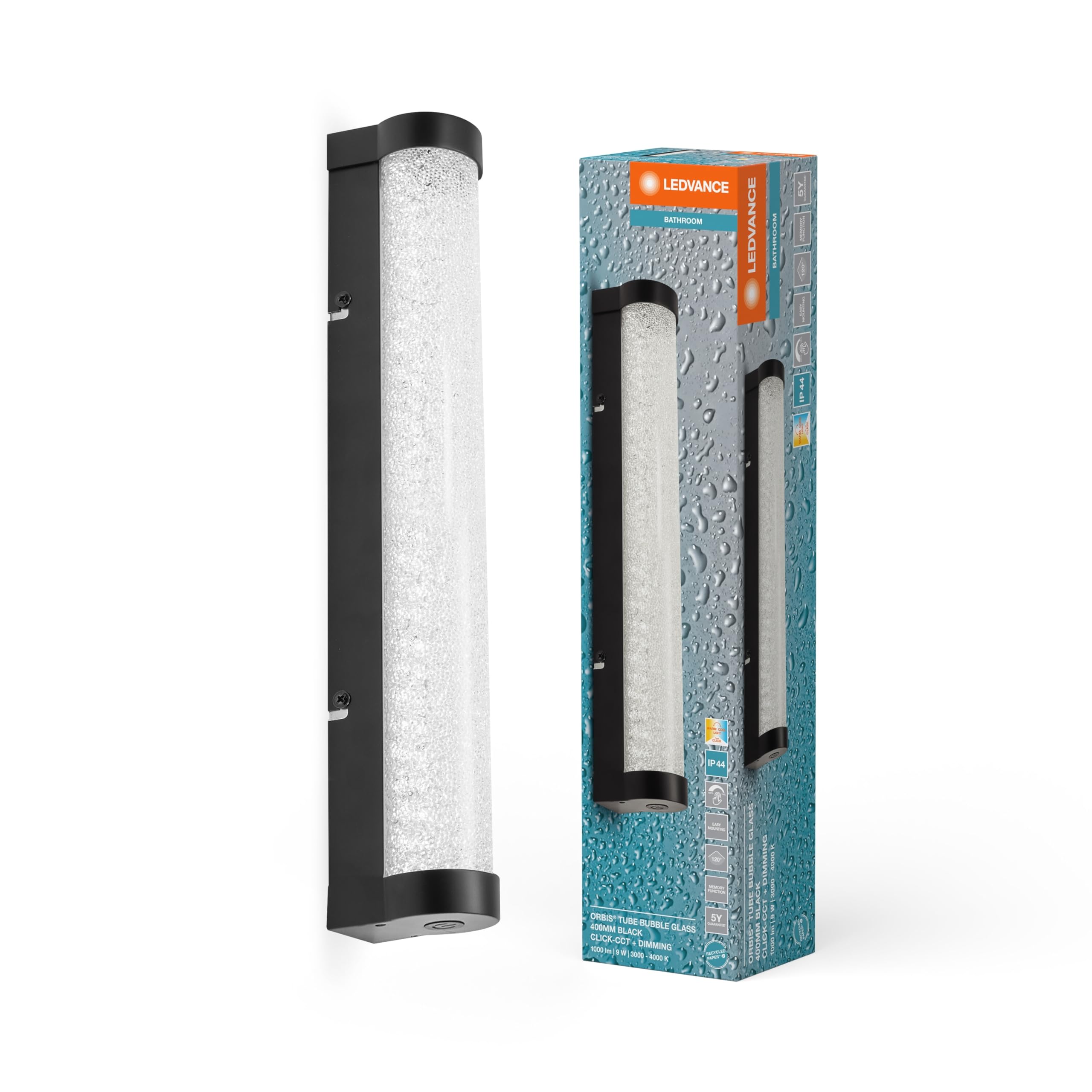LEDVANCE ORBIS LED Tube Spiegel-/Wandleuchte, Schwarz, Glas mit Blaseneffekt, 9W, 820lm, Dimbar, 3000/4000K über Wandschalter einstellbar, 40 cm Durchmesser, IP44 Schutz VOR Fremdkörpern/Spritzwasser