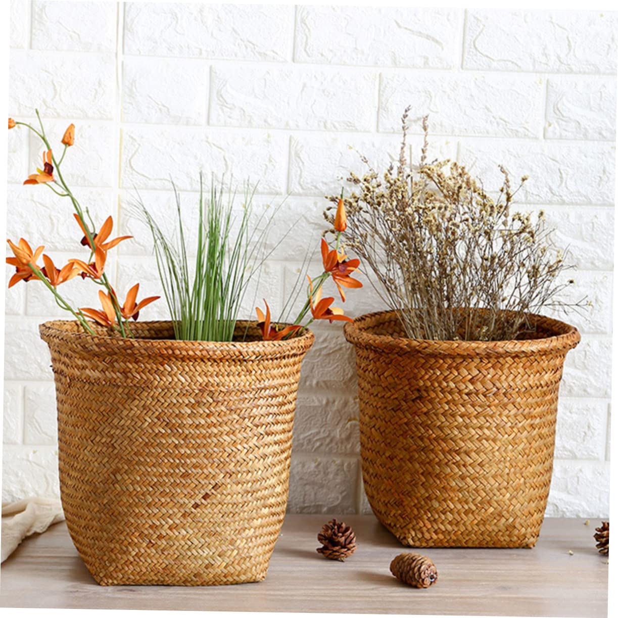Cestino Intrecciato Rotondo 2 Pezzi in Paglia, Wastebasket