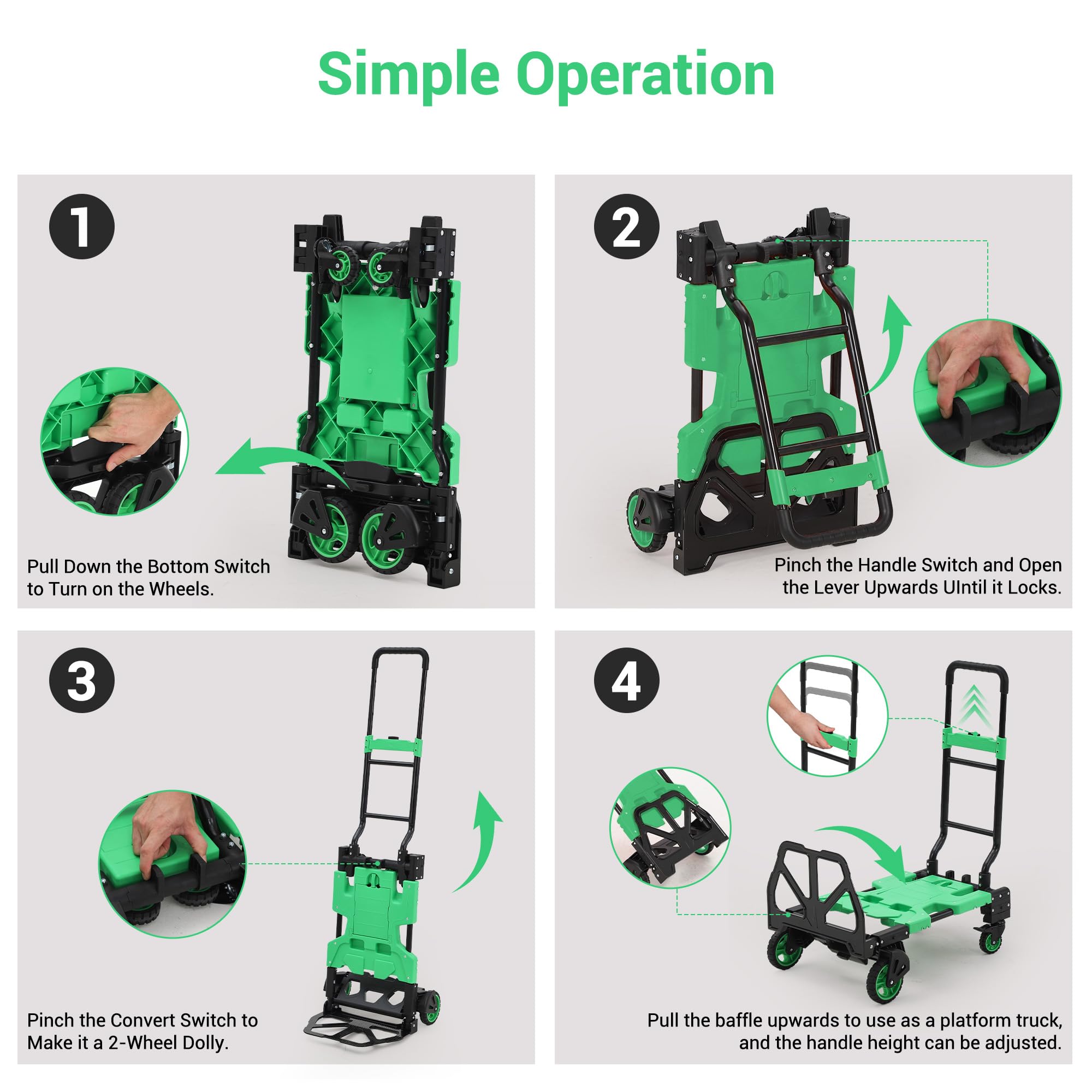 Garvee Carretilla de mano plegable 2 en 1, capacidad de carga de 150 kg con 2 cuerdas elásticas, carrito de plataforma de metal resistente con mango telescópico, carrito de mano portátil para almacén