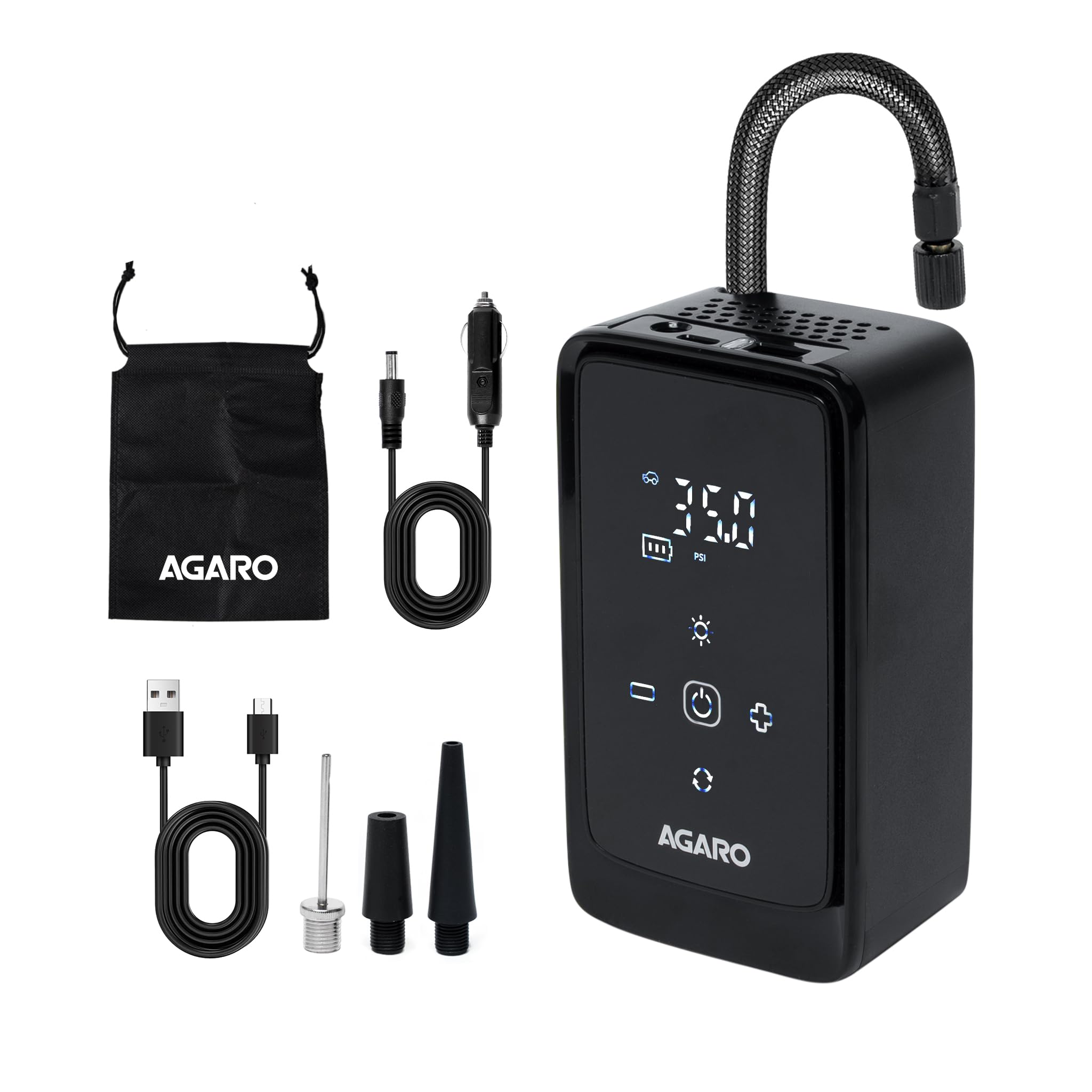 AGARO Atom Cordless Tyre Inflator, 150 PSI, 4500mAh Battery, Auto Shut-Off, Digital Display, LED Light, USB-C Charging, 12V DC Output, for Cars, Bikes, Balls & Inflatables-image-36