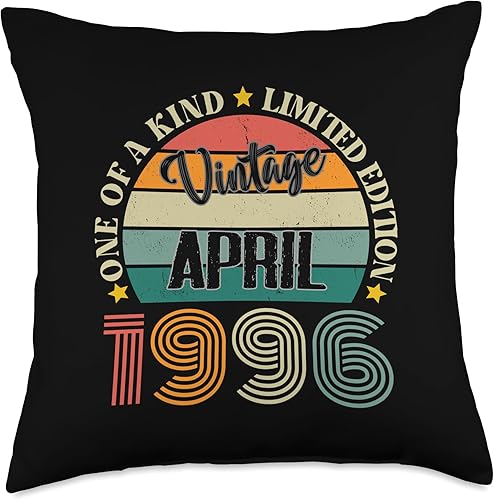 28 Year Old Vintage April 1996 28th Birthday Retro Throw Pillow, 18x18, Multicolor