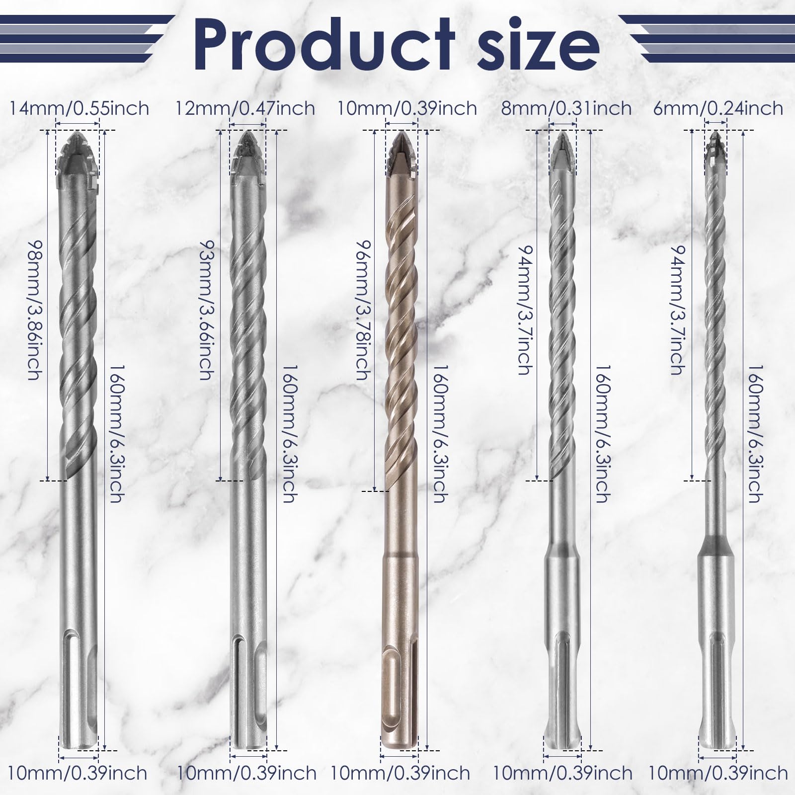 LZVXTYM 5 Pcs Four Edged Serrated Eccentric Drill Bit, (6/8/10/12/14mm) Heavy-Duty Carbide Drill Bit for Tile Glass Brick Stone Marble - Efficient Chip Removal & Heat Resistance