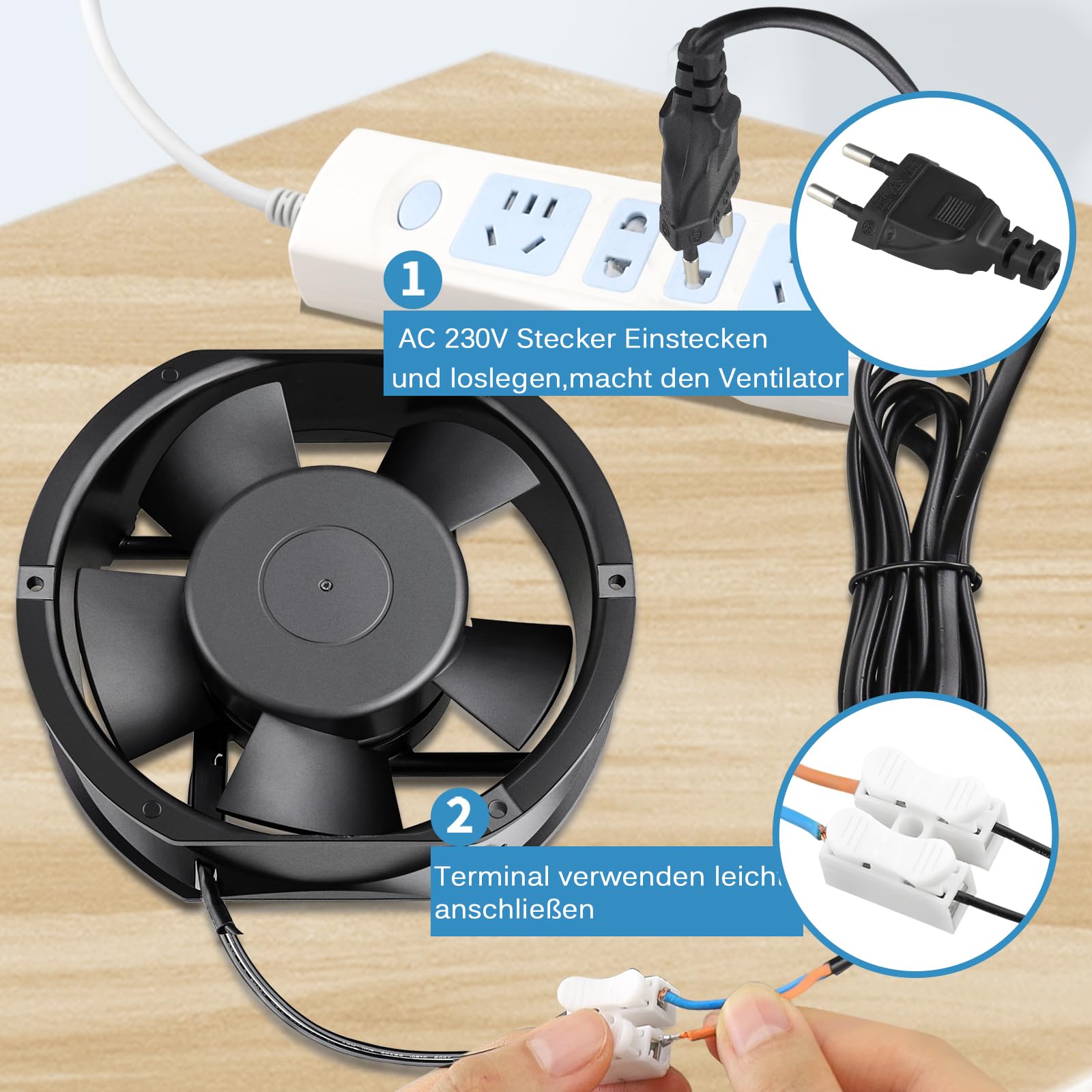 GDSTIME Ventilador de 230 V, 172 mm x 150 mm x 51 mm, 220 V, ventilador axial con doble rodamiento de bolas | Ventilador axial de 230 V, 170 mm, CA, 172 x 150 x 51, gran flujo de aire para ordenador portátil, refrigeración