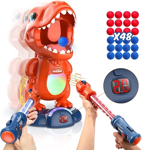 Miniatura 64 de EagleStone - Juguete de dinosaurio para disparar, electrónico, pistola de bomba de aire, puntuación en pantalla LCD, sonido, 24 pelotas de espuma