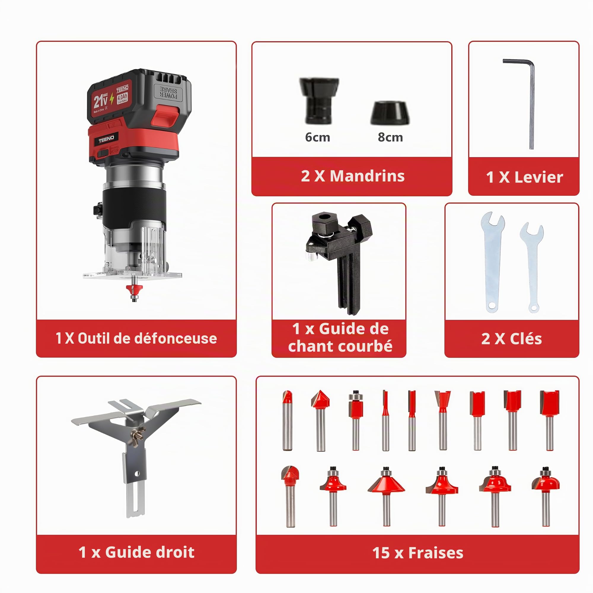 Rabot à bois sans fil 20V, mini défonceuse portable avec 2 batteries de 4,0 Ah et moteur sans balais, 6 vitesses variables jusqu'à 35,000 tr/min, livré avec guide de bord, guide à rouleau