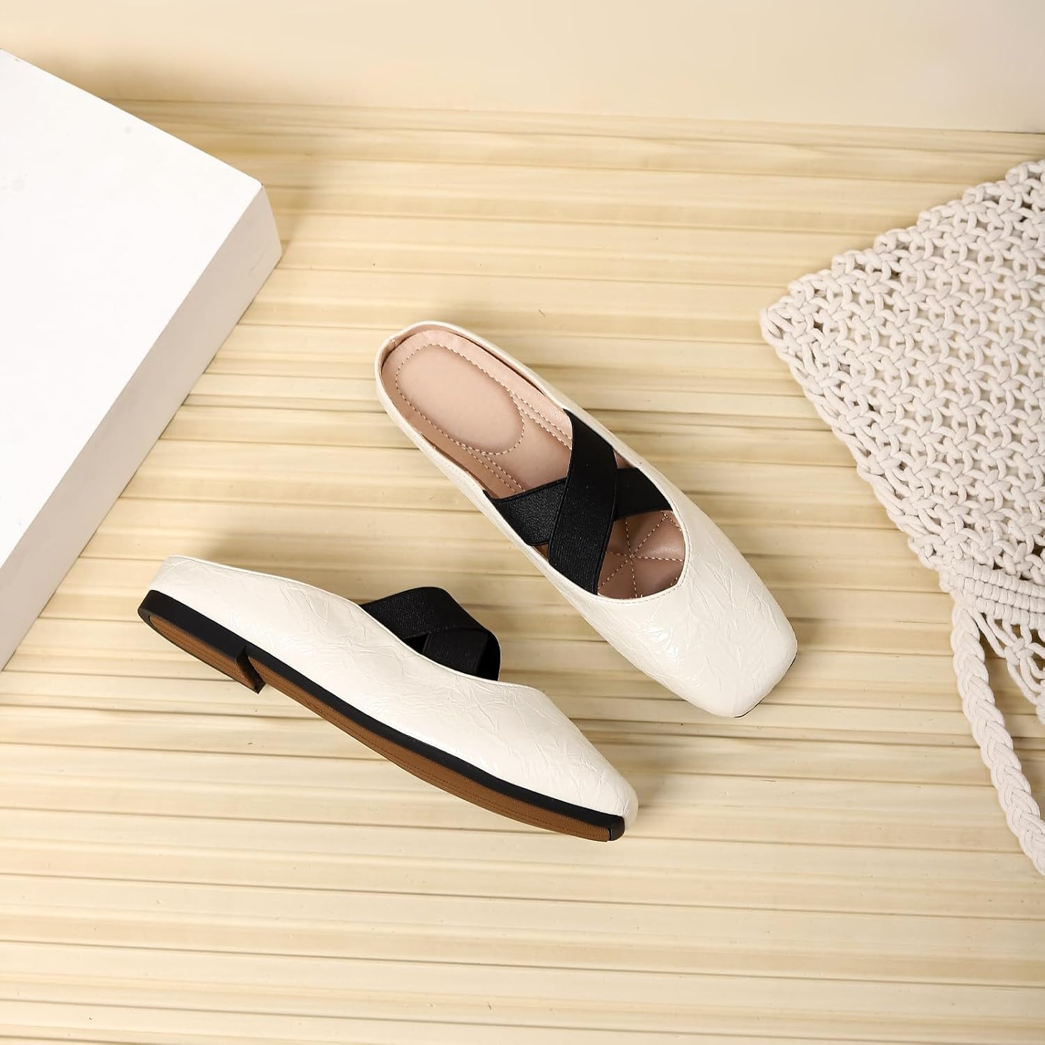 Women's Square Toe Cross Elastic Ties Flat Mules Retro Leather Closed Toe Comfortable Memory Foam Mary Jane Flats Slip On Work Casual Walking Shoes Slippers - Image 5