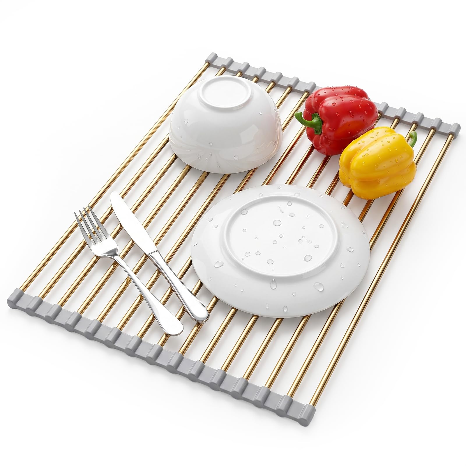 Snailhouse Escurreplatos enrollable, escurridor de platos de acero inoxidable sobre el fregadero con silicona antideslizante para encimera de cocina, dorado (17.8 x 11.8 pulgadas) | Escurreplatos de acero inoxidable sobre el fregadero con silicona antides