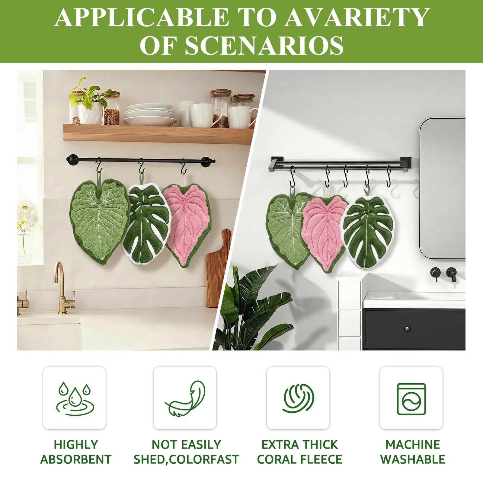 Kreative Tovaglioli da Mano Set da 3, Asciugamani da Cucina Appesi, Carino Coral in Pile con Motivo Tropicale, Assorbenti, Ad Asciugatura Veloce E Senza Peluc