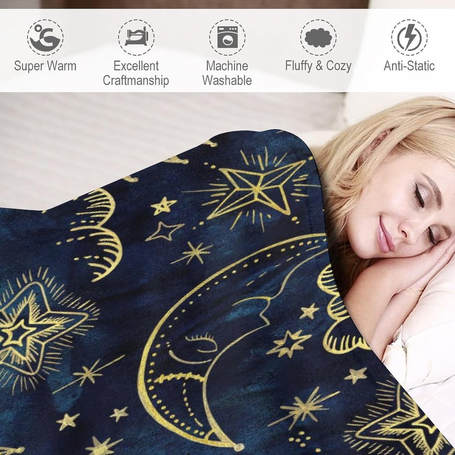 Sun and Moon Bohemian Stars Space Print Super Soft Flannel Blanket - Travel Camping for Kids and Adults (330GSM) 50 W x 70 L