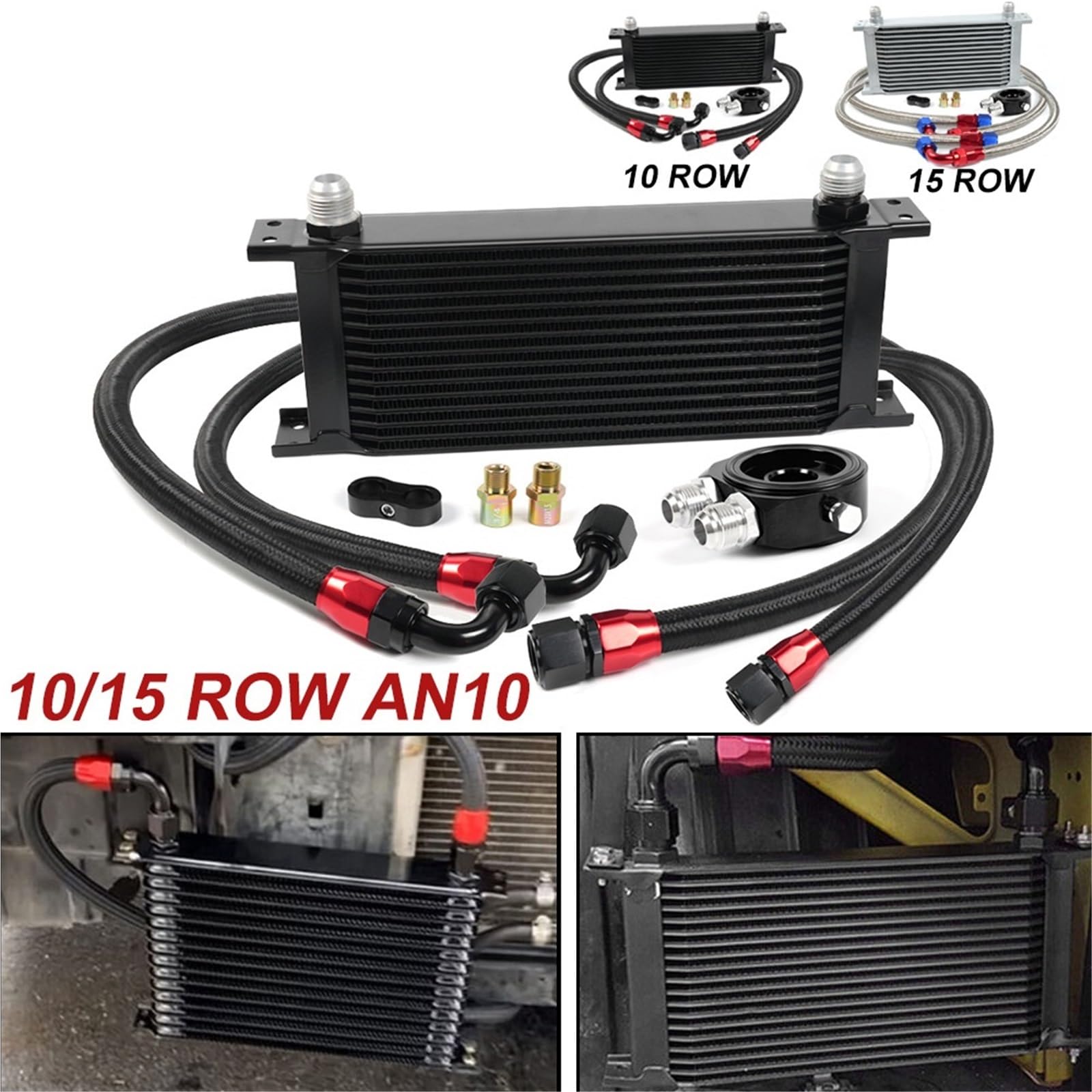 Kit Universal de Enfriador de Aceite de Motor de 10/15 Filas con Adaptador de Filtro de Aceite AN10 y Manguera Trenzada de Acero Inoxidable.