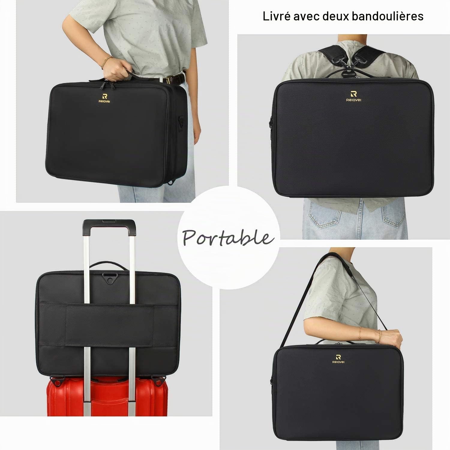 Relavel Trousse de maquillage professionnelle extra large pour les voyages et les maquilleurs, portable avec compartiments réglables, port pour chariot et bandoulière, noire