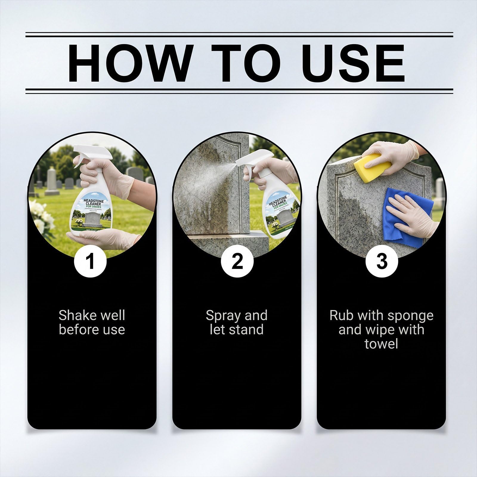 Spray limpiador de lápidas y tumbas para granito y mármol cementerio, juego de limpieza de lápidas y monumentos con paño y esponja, spray de limpieza y pulido para el cuidado (3 unidades)