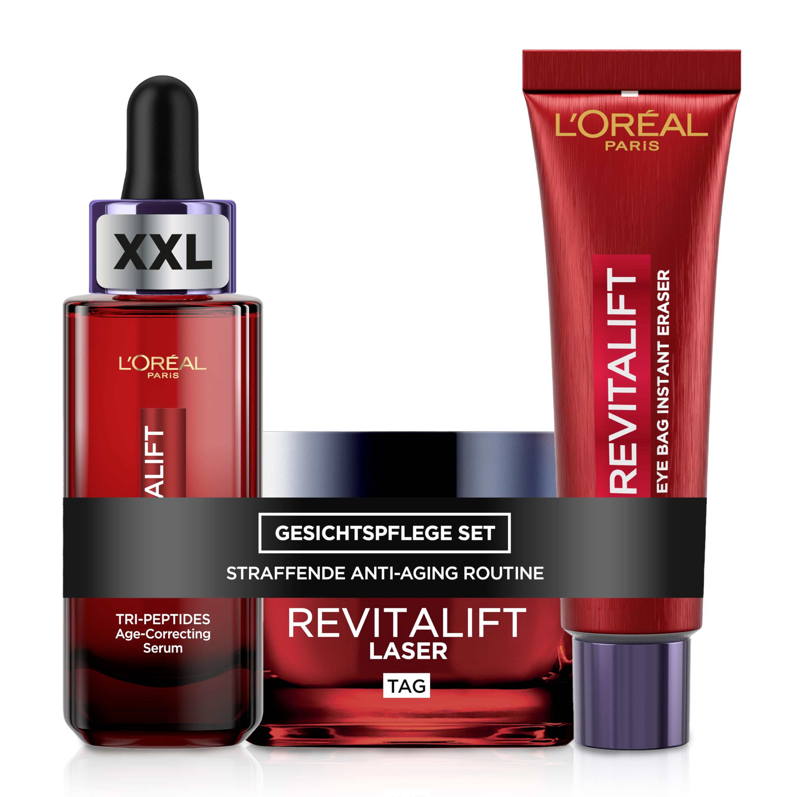 L'Oréal Paris Set: Revitalift Laser XXL Serum 50 ml, Tagescreme 50 ml, Sofort Lifting 15 ml - Straffende und aufpolsternde Anti-Aging Pflegeroutine mit Hyaluronsäure & Vitamin C