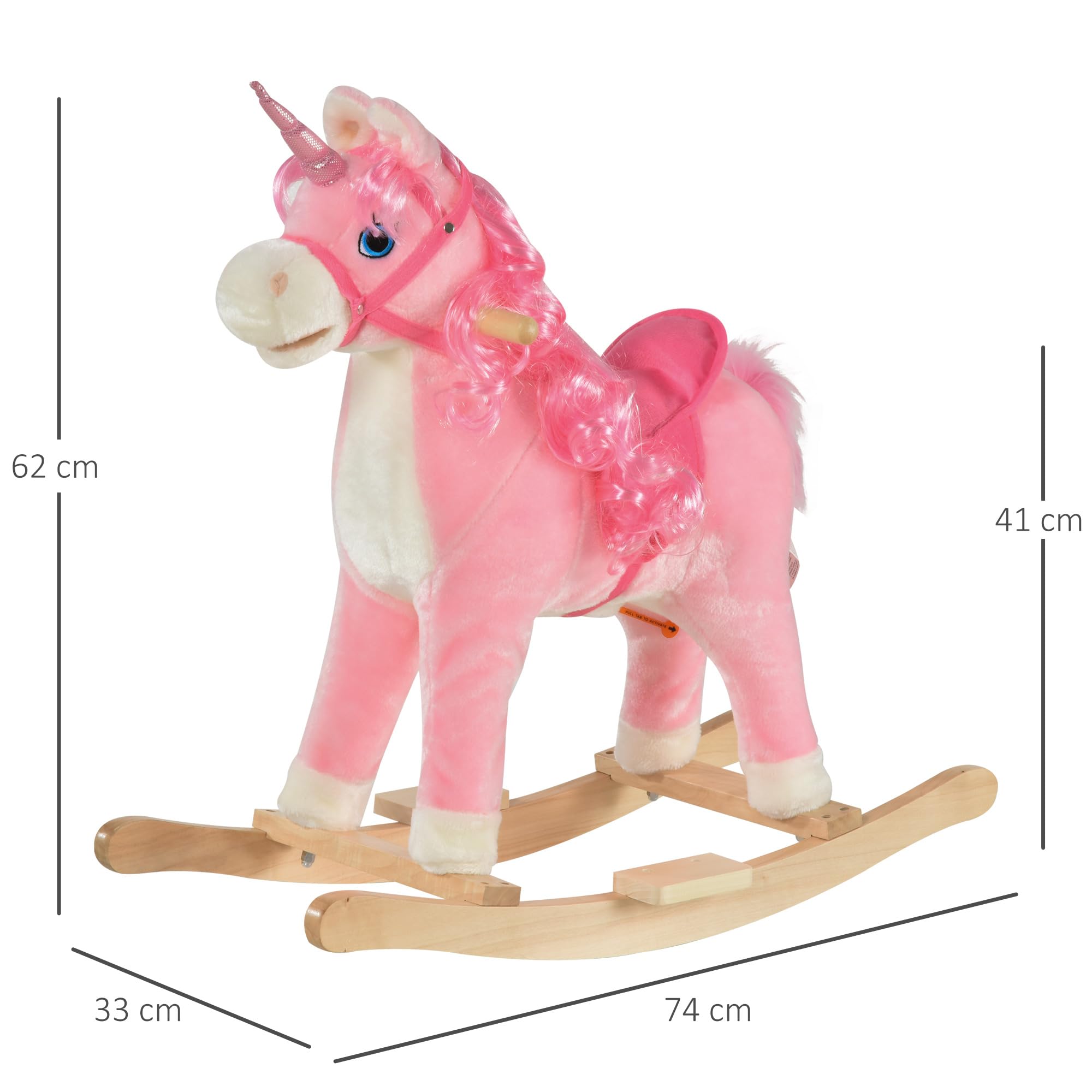 HOMCOM Cavallo a dondolo modello Unicorno con Suoni autentici Sella Grande Comfort Legno di pioppo Rosa dim. L74 x L33 x 62H cm