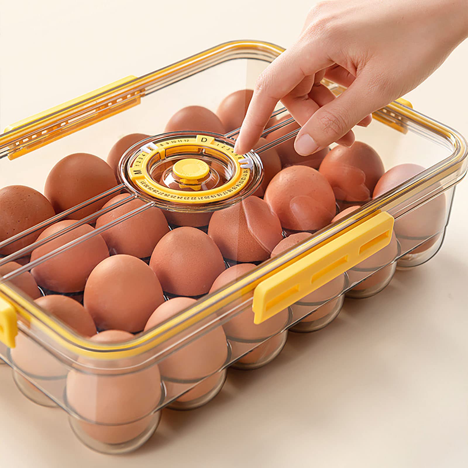 Stück Kühlschrank-Aufbewahrungs-Eierbox, zeitgesteuerte Eier-Frischhaltebox ist in Schlitze unterteilt, um PET-Kunststoff-Transparent-Fn-verdickte Eierboxen aufzubewahren, vertieft und verbreitert,
