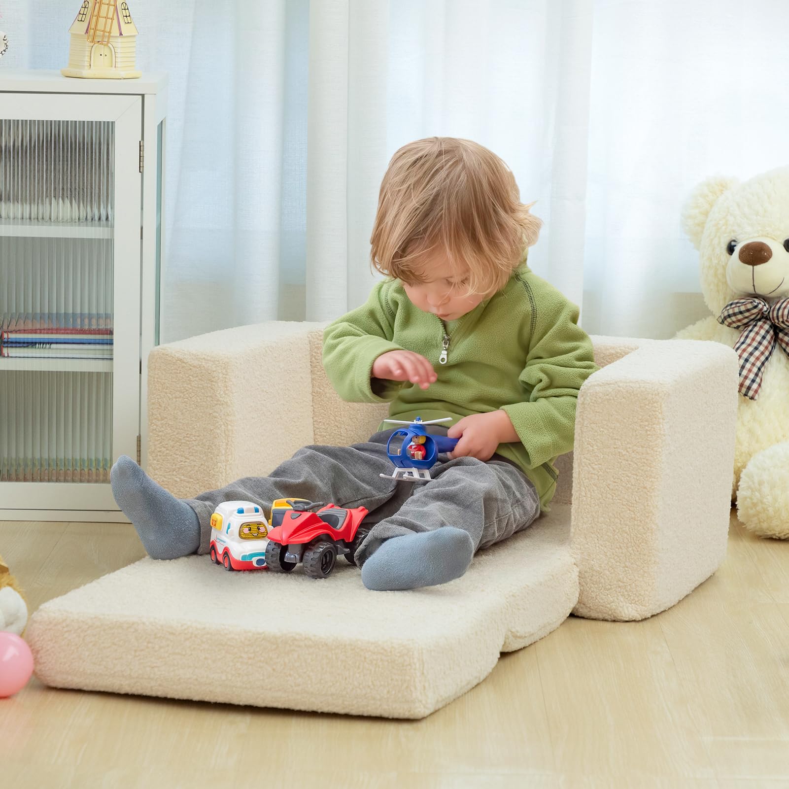 BEJOY Kindersofa Aufklappen 2-in-1 Schlafsofa, Kindersessel, Teddyfell Kinder Couch Sofa Ausklappbar für Kinderzimmer Kindertags- und Geburtstagsgeschenk für Mädchen und Jungen, Hellbeige