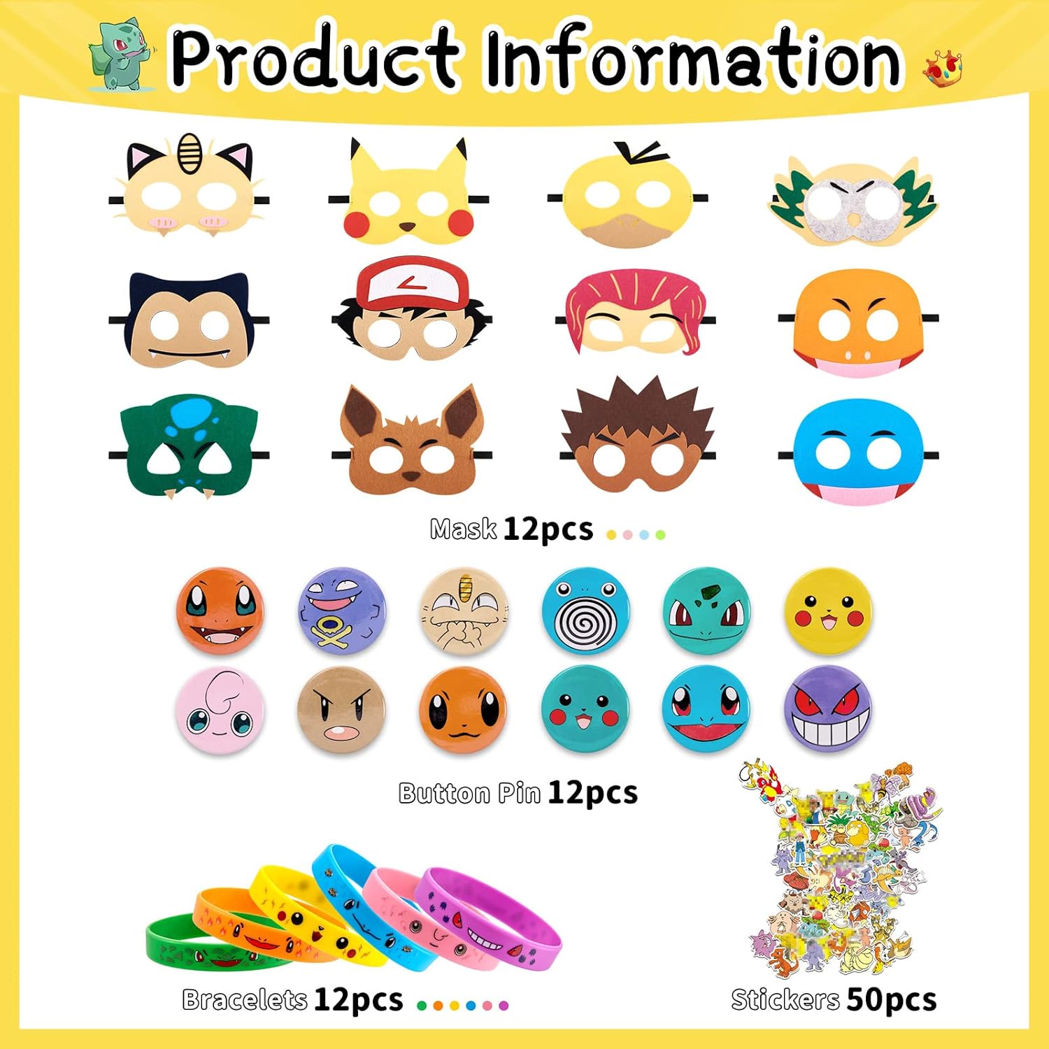 Ainvliya 86 Pcs Pocket Monster Party Favors, Include 12 Cute Wristbands, 12 Cartoon Masks, 12 Button Pins, 50 Stickers, Birthday Party Supply, Halloween Christmas Gifts, Carnival Prizes for Kids : Toys & Games