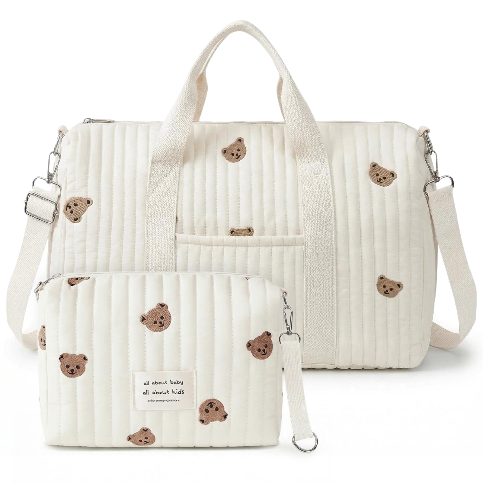 Aucuu Large Baby Changing Bag, 2PCS Hospital Maternity Bag (Large+Small), Large Capacity Cotton Diaper Tote Bags, with Adjustable Shoulder Strap, Nappy Bags for Hospital Birth, Pram & Travel