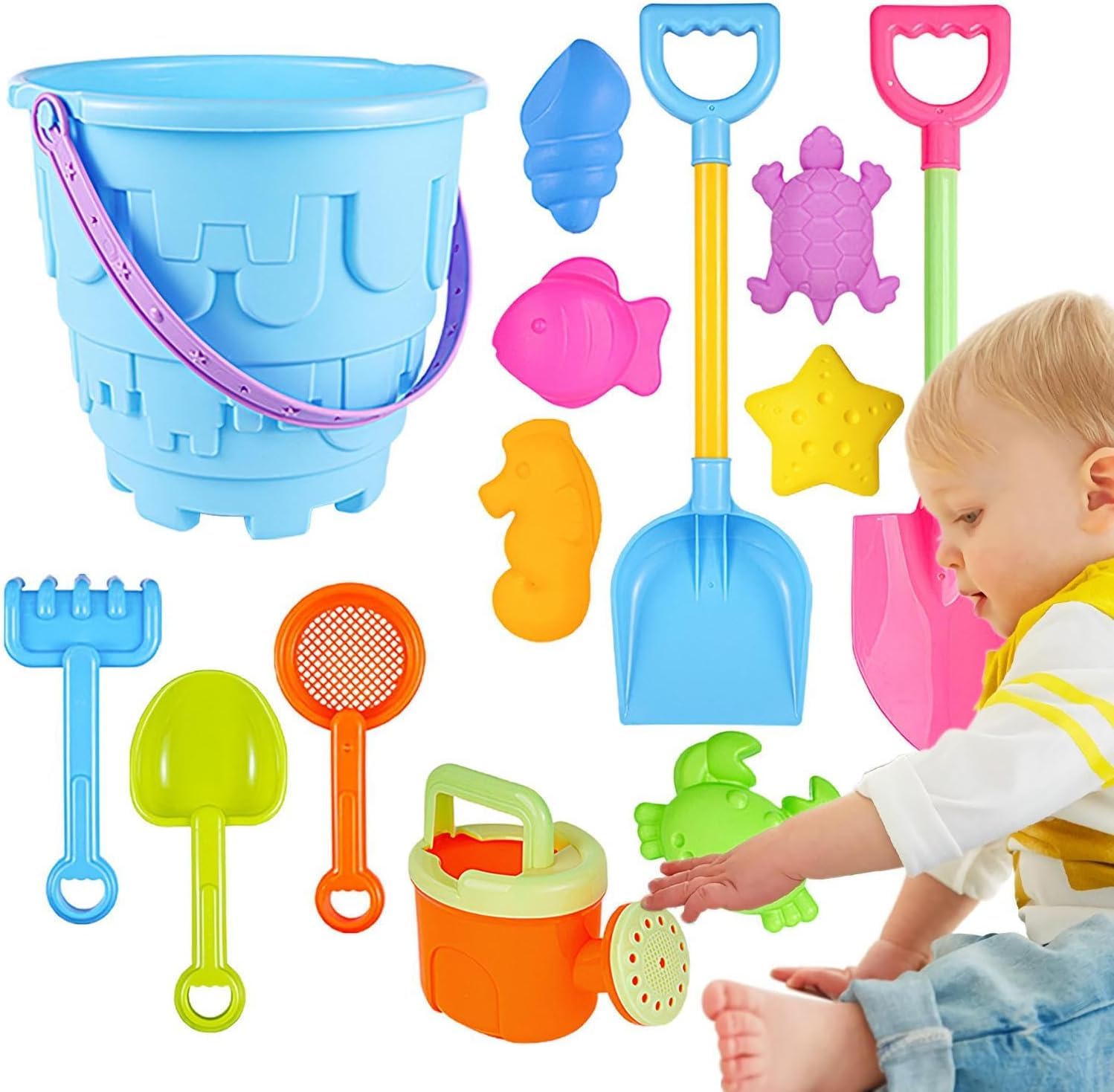 Ensemble de Jouets de Sable de Plage pour Enfants de 8 Pcs avec Seau, 3 Spatules, 4 Contenants de Sable, Moule à Crabe - Jouets de Bac à Sable de Plage en