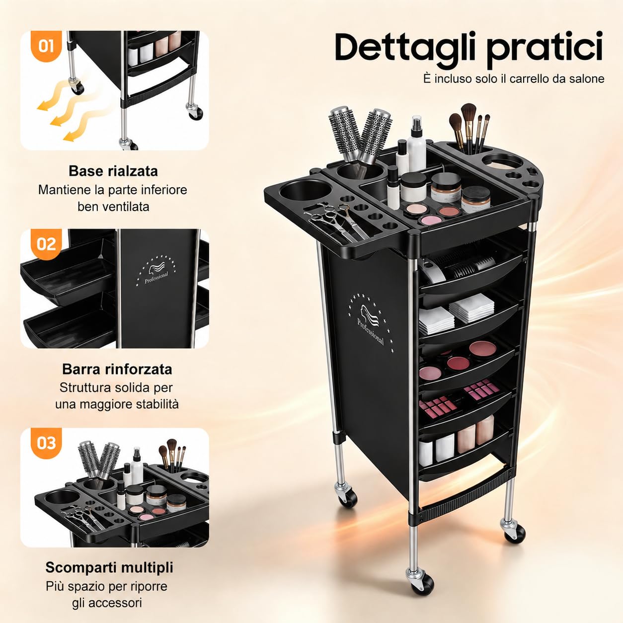 Carrello da Parrucchiere con Ruote, 36 x 85,5 cm, 5 Cassetti, Rettangolare, 6-Etagen Carrello Estetista con Aperture Multiple per Parrucchieri, Gioielli, Cosmetici, Salone di Bellezza, SPA