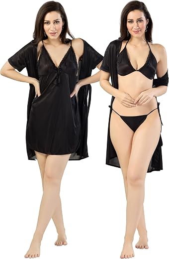 Romaisa Women Satin Nightwear Set with Robe, Short Nighty and Lingerie Set Bridal Sleepwear Dress