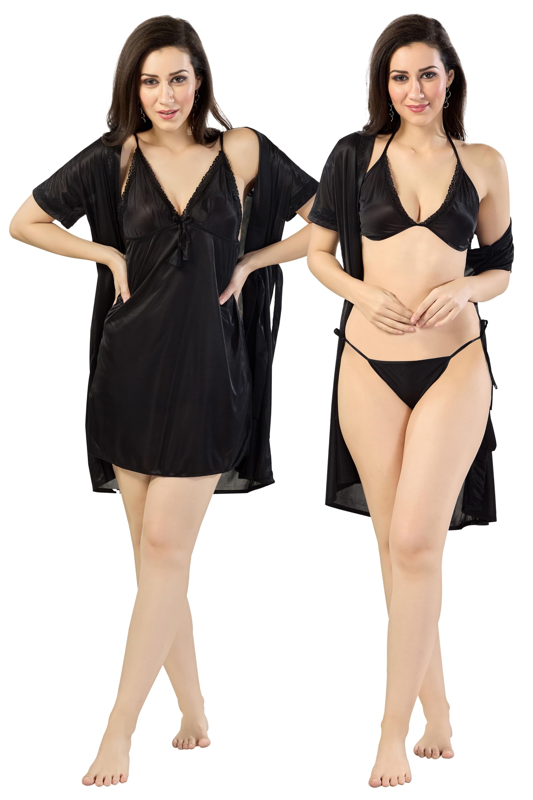 Romaisa Women's Solid Above Knee Satin Nighty with Robe and Bra Panty, Free Size Nightwaer (Pack of 4) GRP-FP349-353