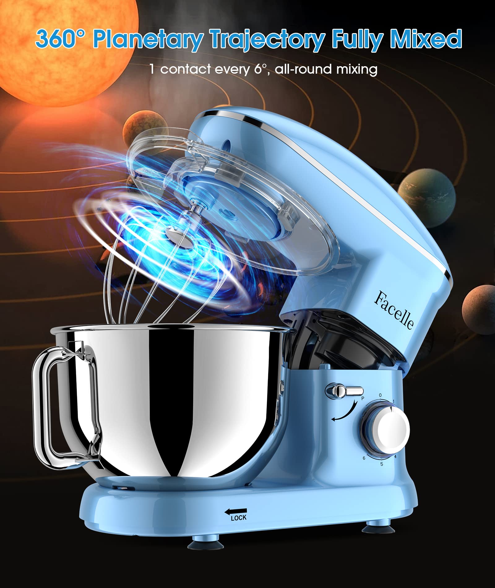 Robot Pâtissier 1500W Facelle Petit électroménager 6,2L,avec Crochet Pétrisseur,Batteur,Fouet à Fil,protection contre les éclaboussures,pour la cuisson,les gâteaux(Bleu)