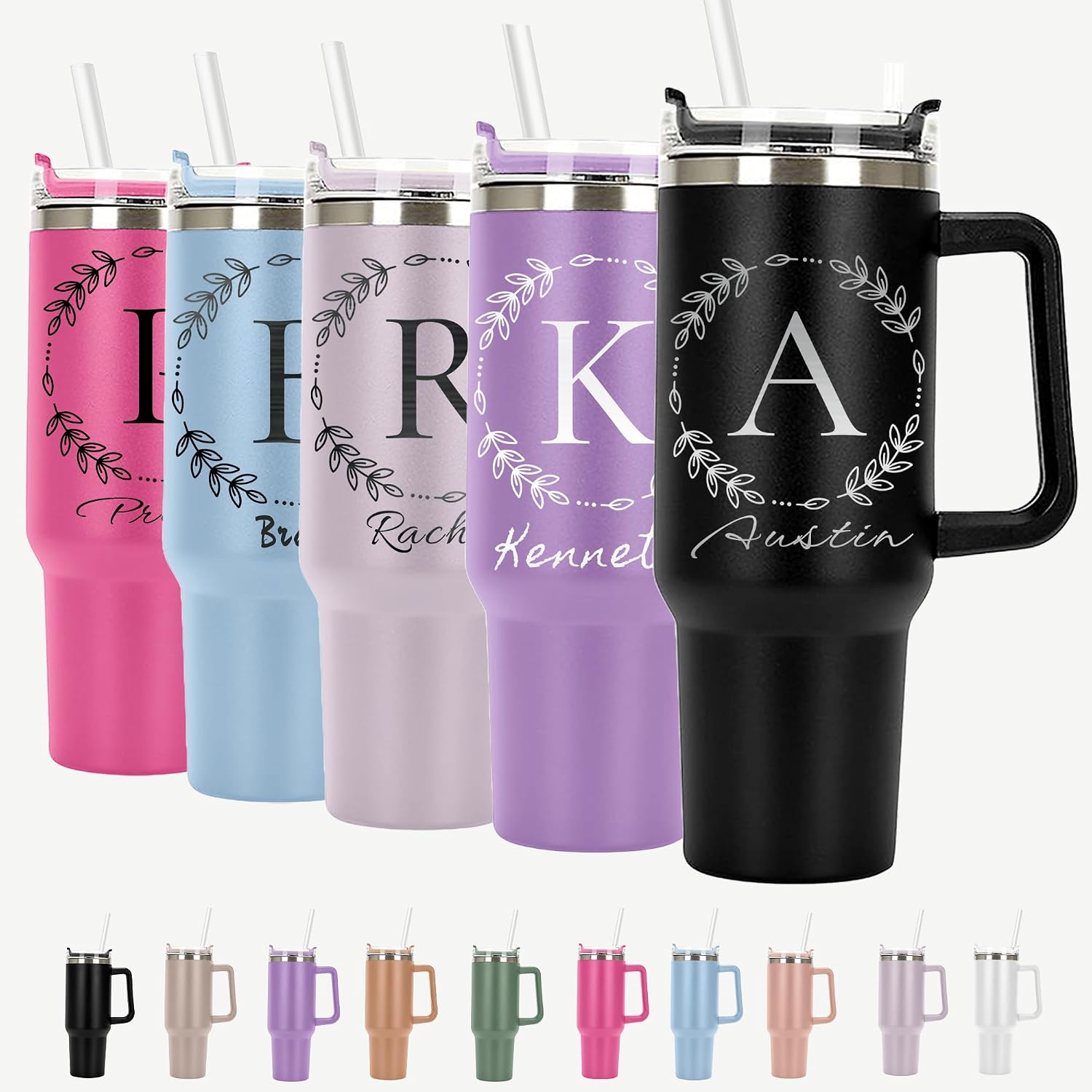 Initial Split Monogram Personalized Tumbler 40 oz Laser Engraved, Insulated Cup with Handle, Lid and Straw, Monogrammed Gifts for Wedding, Birthday Gifts for Women Mom, Sisters, Lover