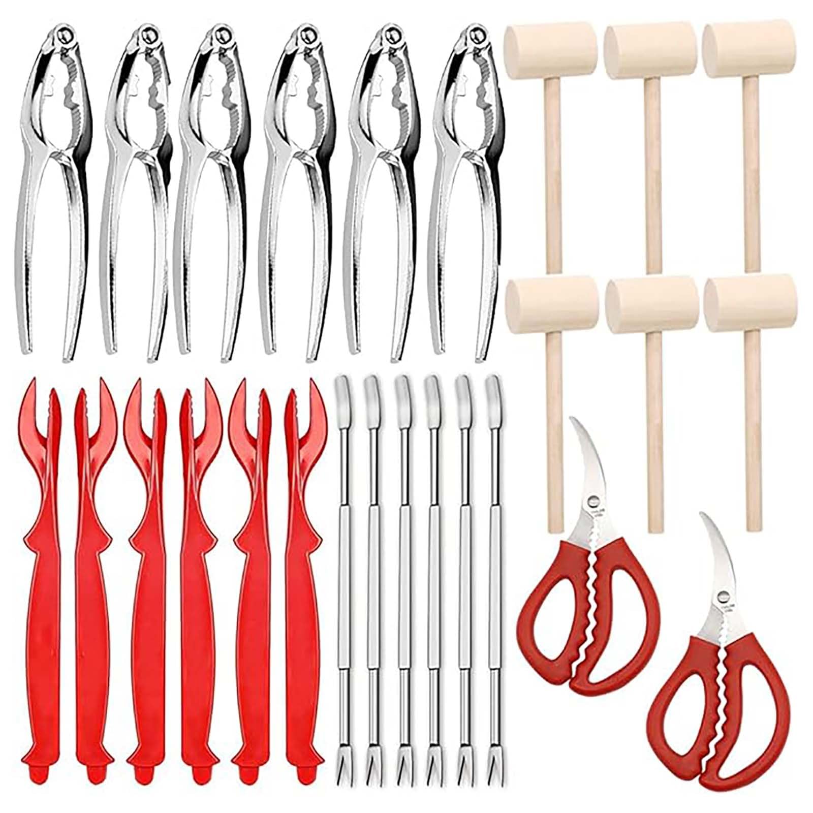 Tazweeq 26 PCS Seafood Tools, Including Crab Clippers, Seafood Scissors, Lobster Shellers, Crab Hammers and Shellfish Forks, Nutcracker Sets