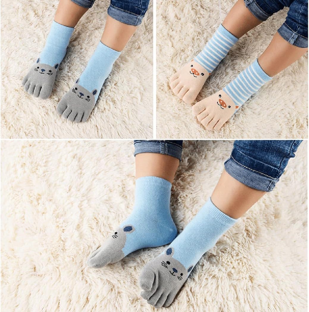 6 Pair Kids Toe Socks Cartoon Five Finger Cotton Socks Breathable Ankle Socks for Boys Girls