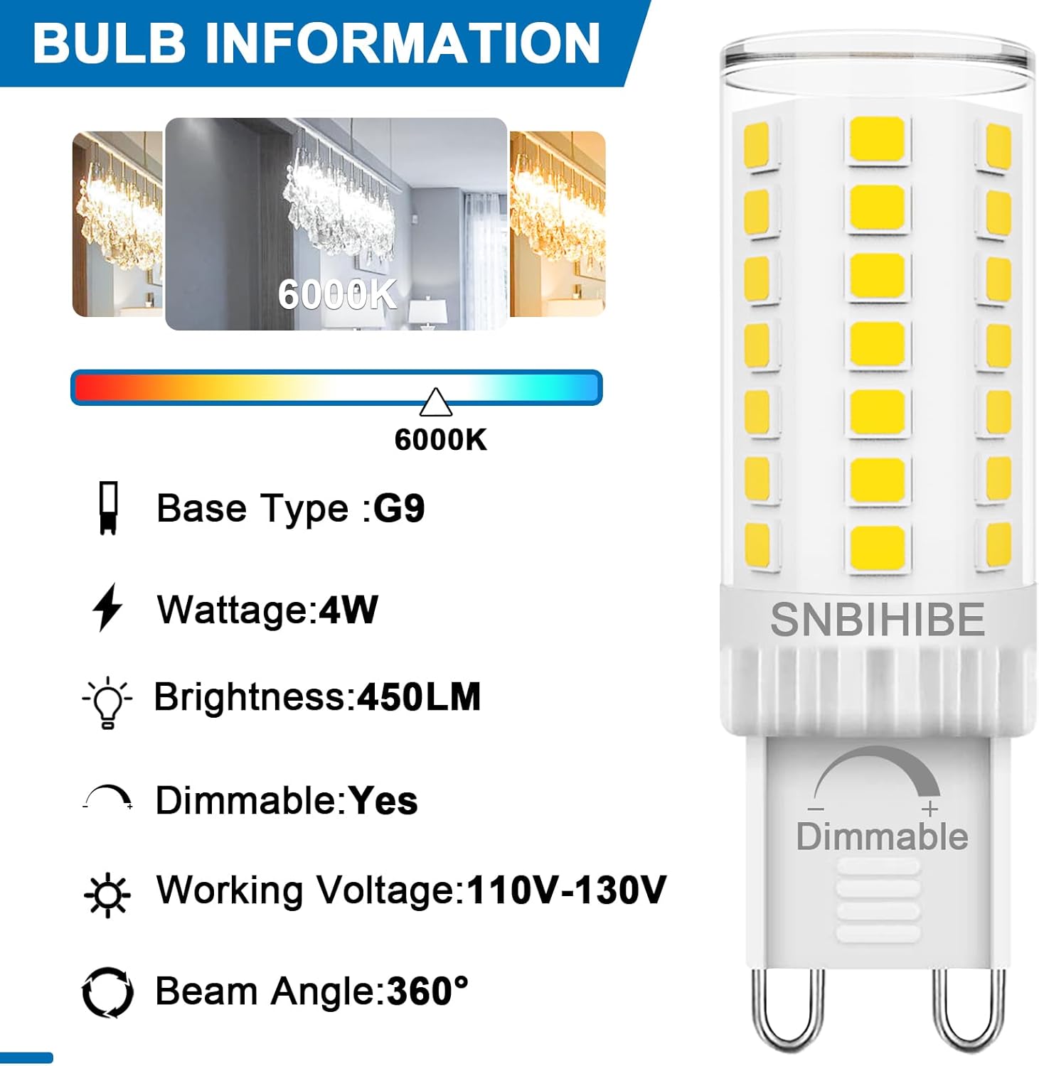 G9 LED Bulb Dimmable, 40 Watt T4 G9 Halogen Equivalent, No-Flicker, Daylight White 6000K, Ceramic Bi Pin Base, Chandelier Lighting, 120V 4W 450LM, 6-Pack