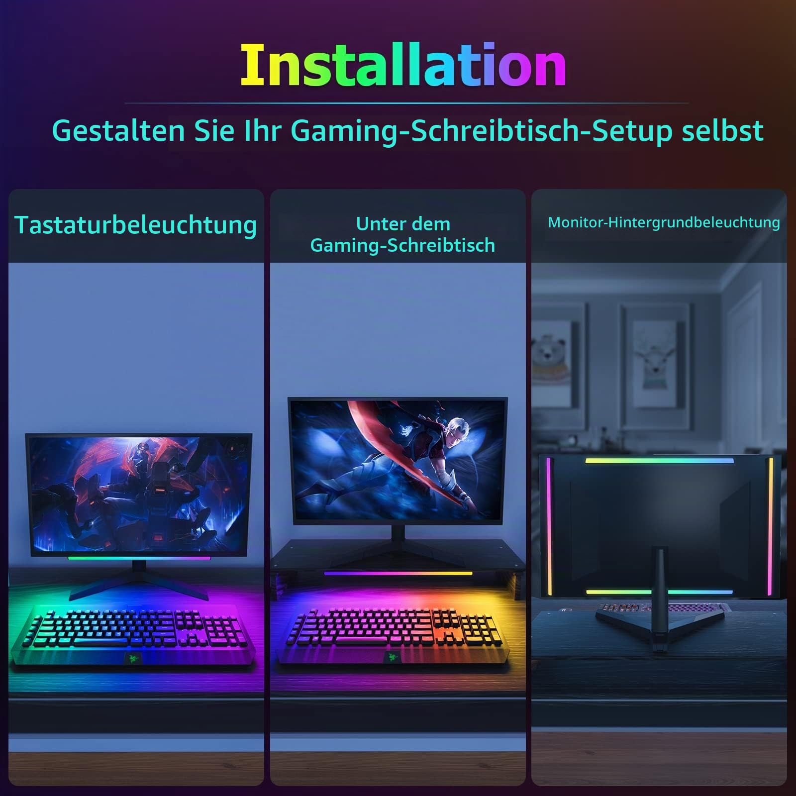 WILLED 2-In-1 Gaming Beleuchtung, 5V USB RGB Under Monitor Lampe, Dreamcolor Screenbar für PC Setup mit 12 Dynamische, Ambient Deko mit Fernbedienung, Beleuchtung für TV Hintergrundbeleuchtung