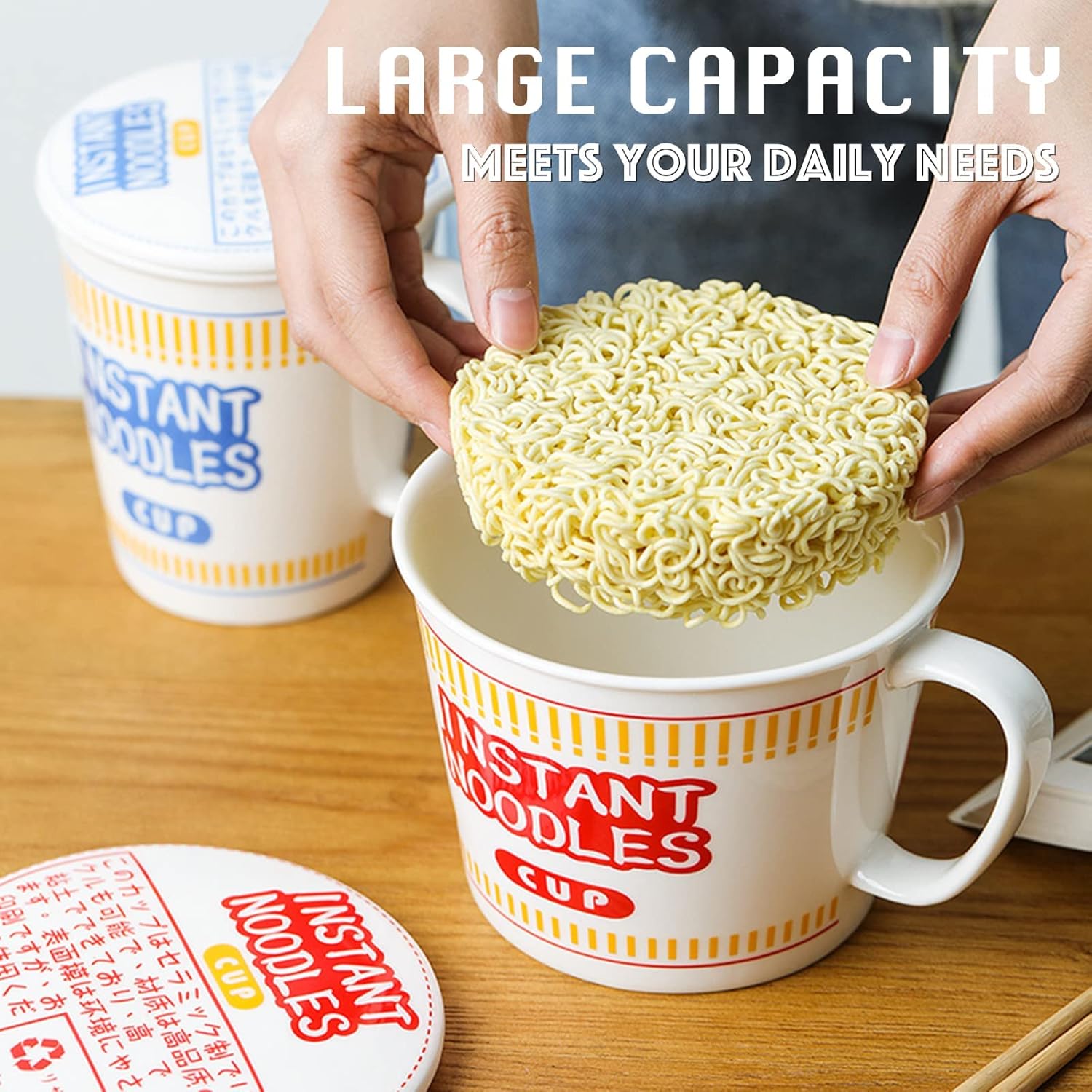 Ramen Bowls with Lid and Handle Cute Instant Ramen Noodle Bowl Anime Ceramic Large Noodle Bowl with Fork, Gift for Ramen Lovers (2PCS, Red)