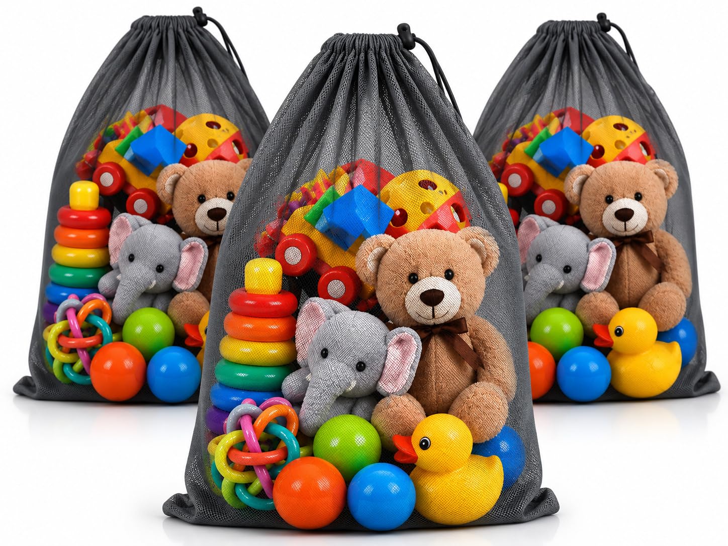 Grey Mesh Drawstring Toy Storage Bags, 50x60 cm | Locking Drawstring, Kids Toy Organiser, Large Capacity, See-Through Mesh, Beach & Playroom Use-image-11