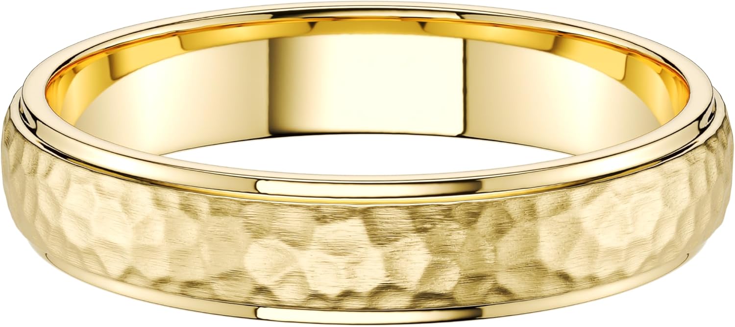 THELANDA Hammered Solid 14K / 10K White/Yellow Gold Unisex 4mm Wide Wedding Band Ring Raised Center Polished Sides