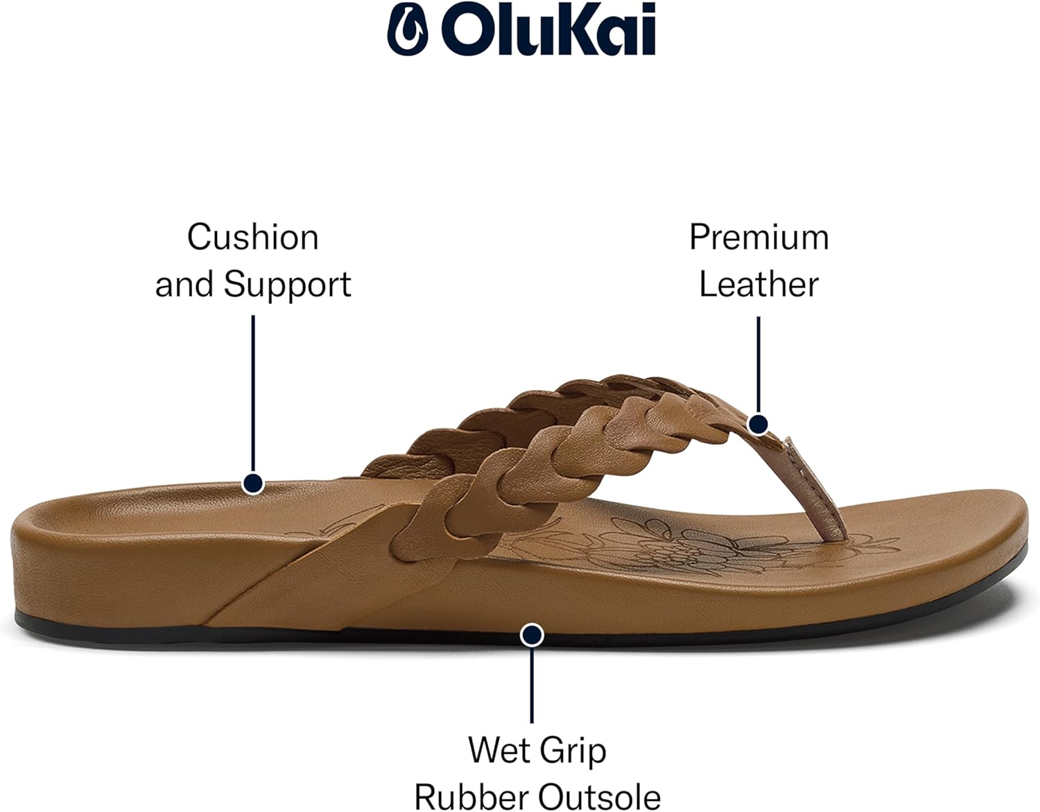 OLUKAI Lei Women's Beach Sandals, Versatile Leather Flip Flops, Soft Straps & Unique Design, All-Day Comfort & Support