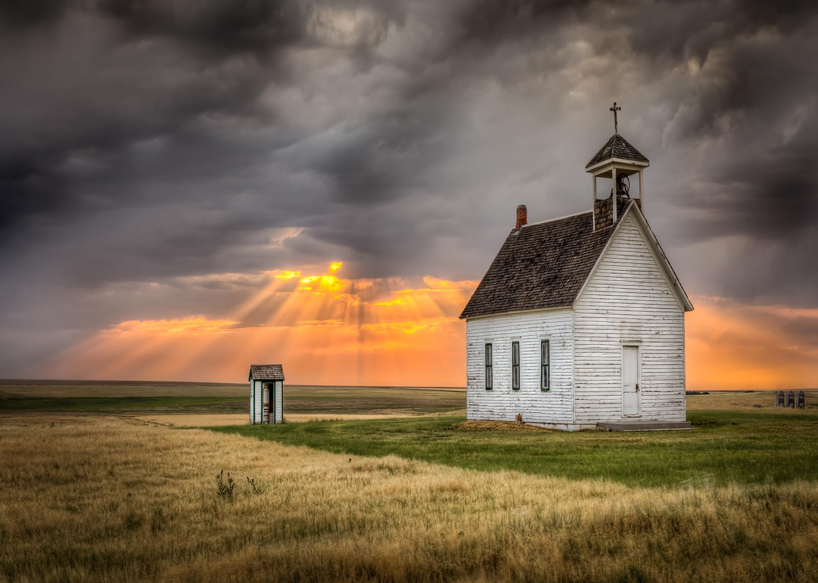 Loccor Fabric 8x6ft Countryside Photography Backdrop Old Abandoned Church Sunset Sun Rays Clouds Field Nature Scenery Background Adult Children