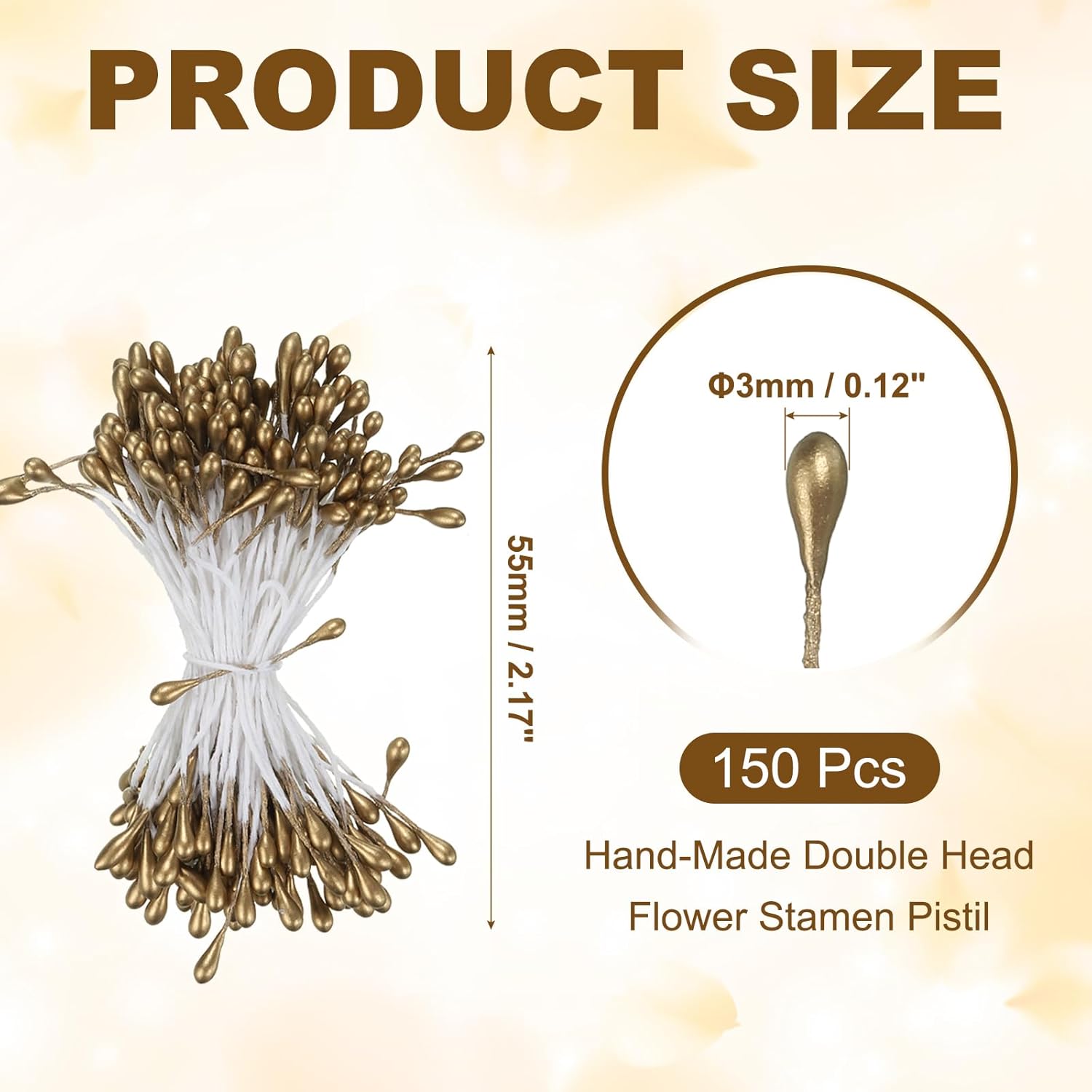 PATIKIL 3mm Double Heads Flower Stamen, 150 Pcs Artificial Flower Stamen Pistil Matt Pearl Floral Stamen for DIY Christmas Card Wedding Decoration, Gold Brown
